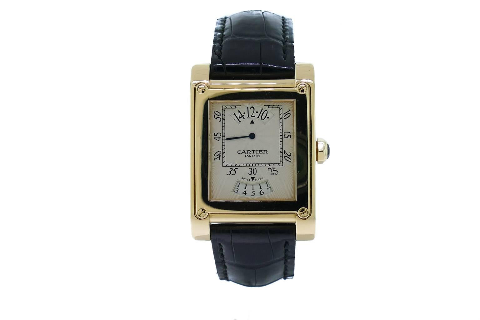 Cartier yellow gold Tank A Vis Jumping Hour Paris Privee Wristwatch Ref W153445 In Excellent Condition In Miami, FL