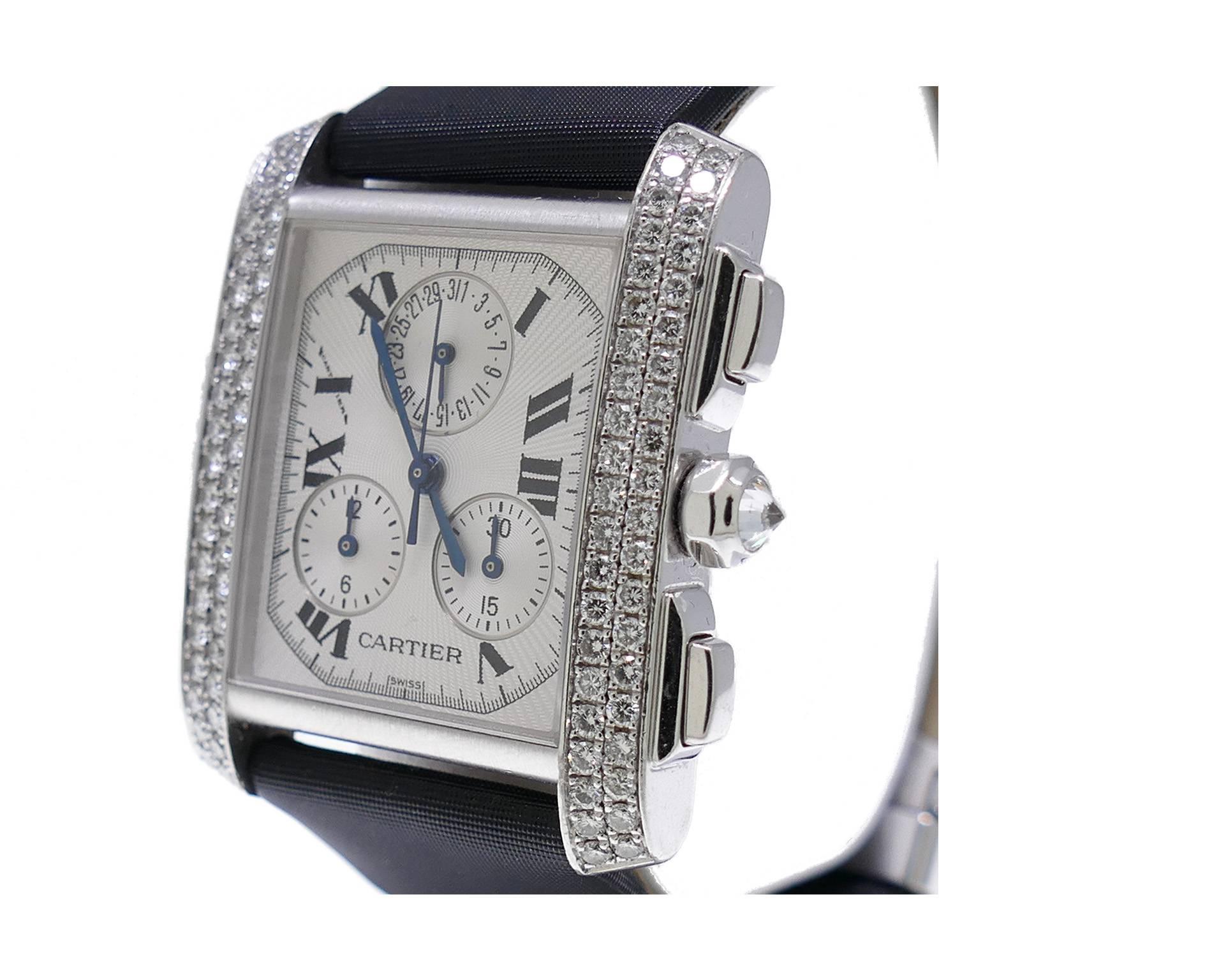 Women's Cartier white gold Tank Francaise Chronograph Factory Diamond Bezel Wristwatch