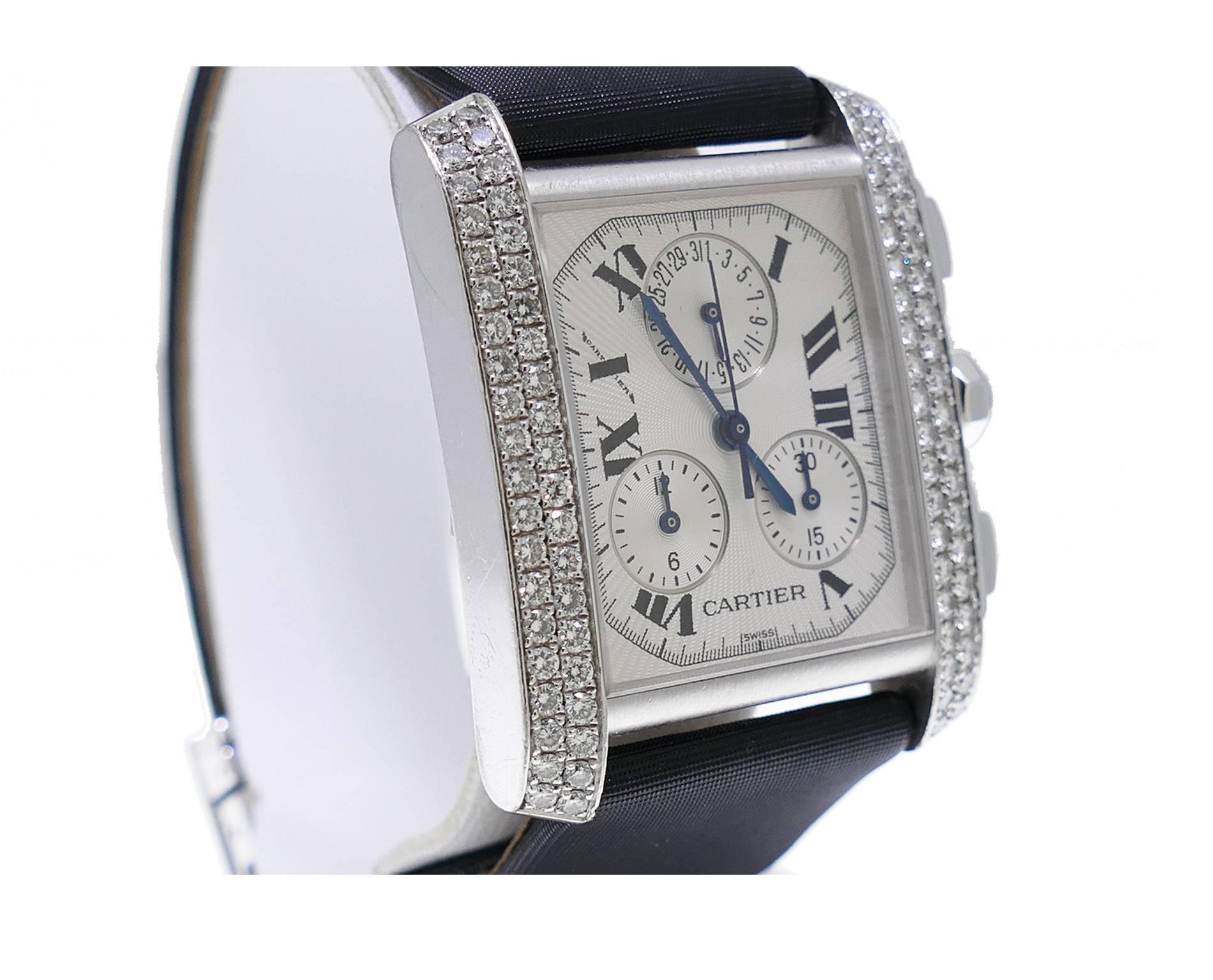 Cartier white gold Tank Francaise Chronograph Factory Diamond Bezel Wristwatch 1