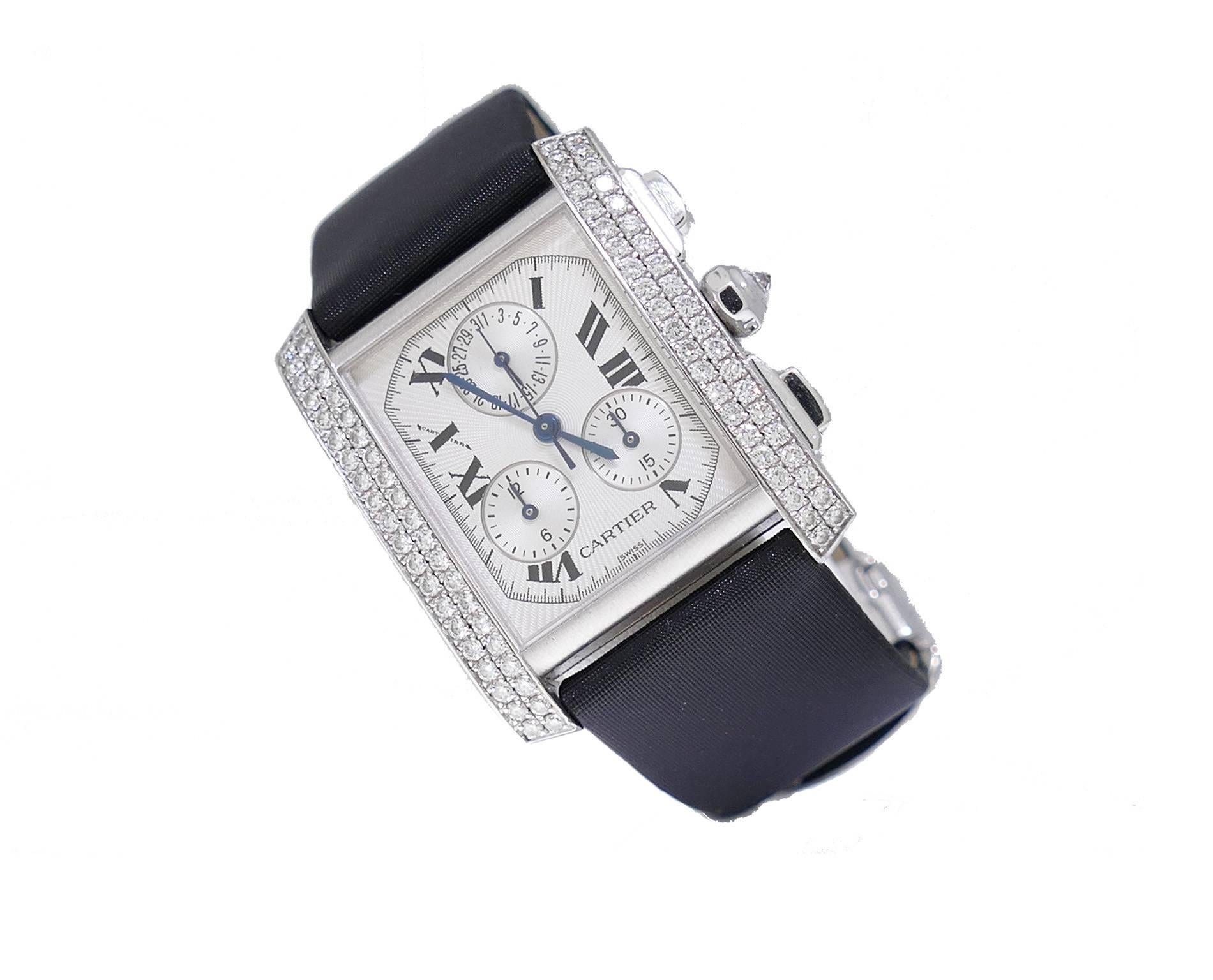 Cartier white gold Tank Francaise Chronograph Factory Diamond Bezel Wristwatch In Excellent Condition In Miami, FL