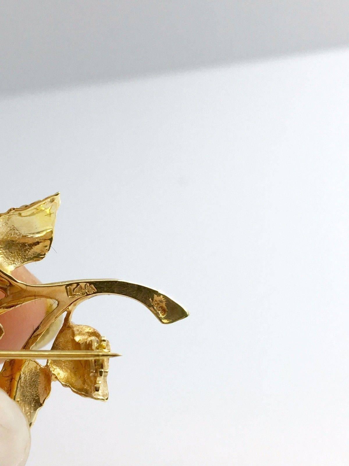Tiffany & Co. 14k Yellow Gold Round Cut Diamond Rose Flower Brooch Pin w/ box 1