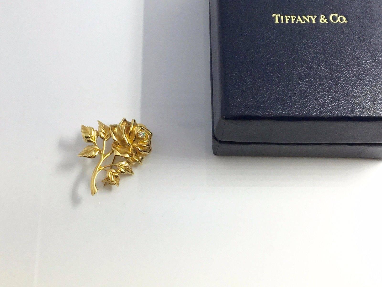 Tiffany & Co. 14k Yellow Gold Round Cut Diamond Rose Flower Brooch Pin w/ box In Excellent Condition In Miami, FL
