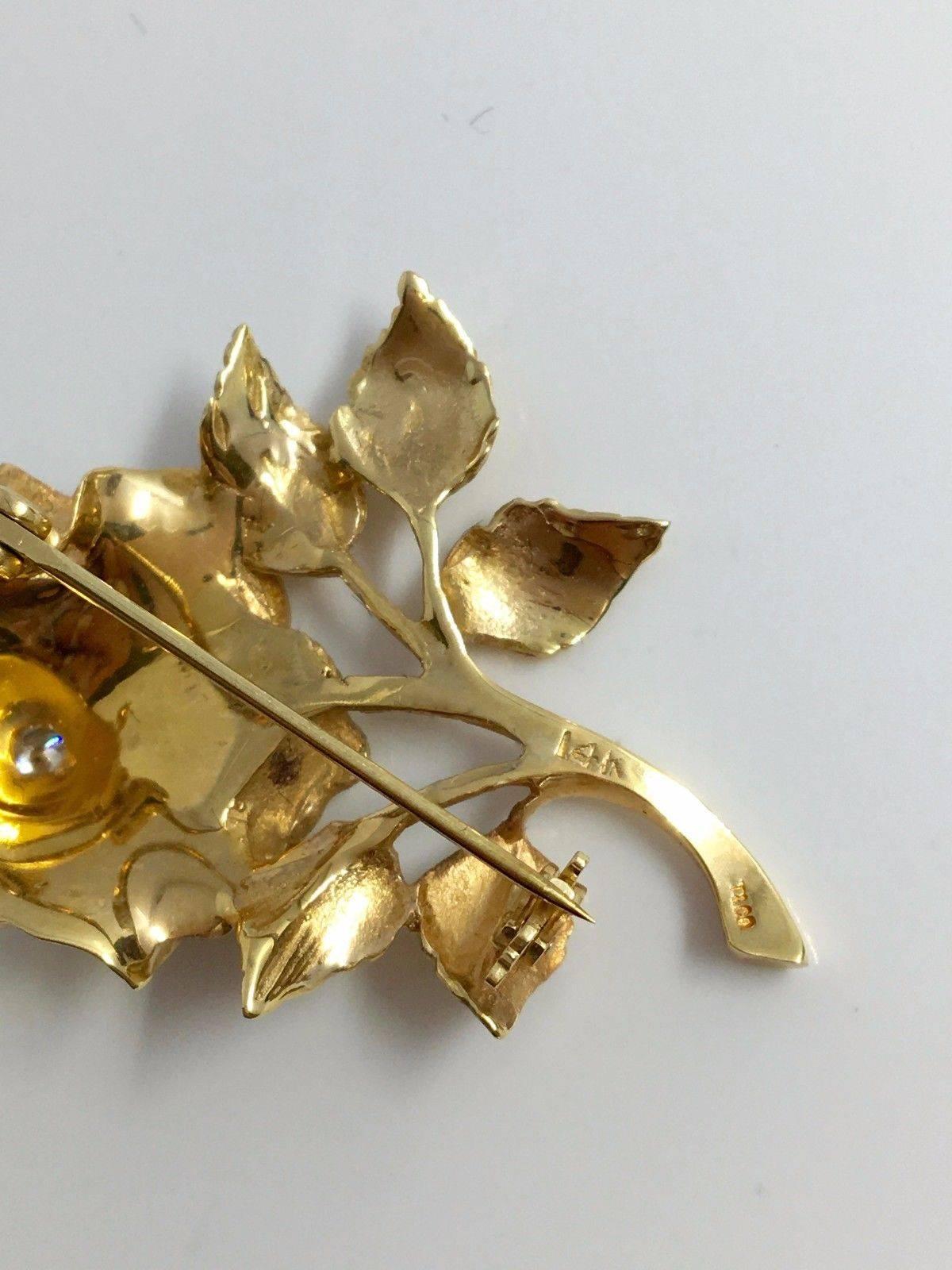 Tiffany & Co. 14k Yellow Gold Round Cut Diamond Rose Flower Brooch Pin w/ box 2