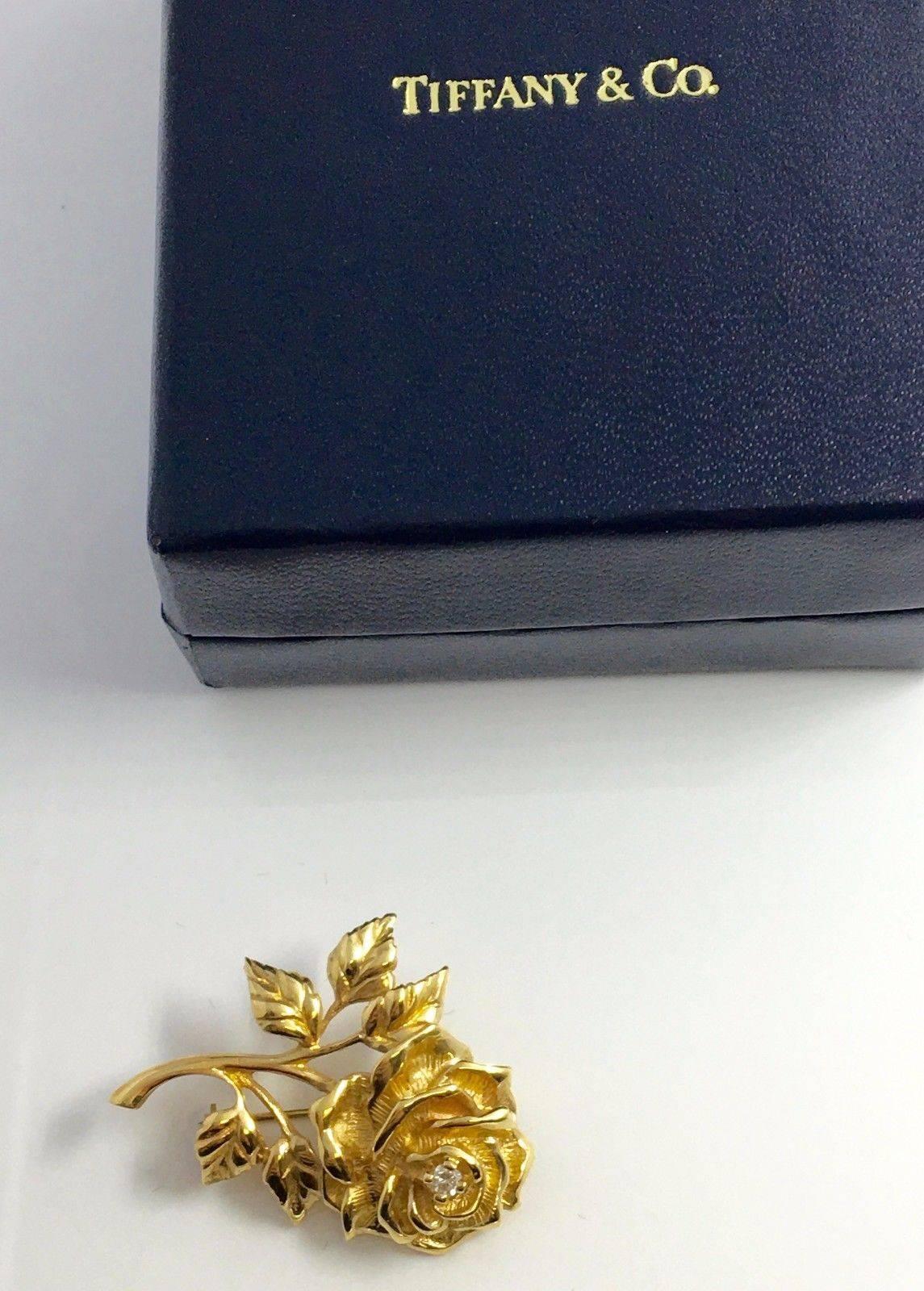 Women's or Men's Tiffany & Co. 14k Yellow Gold Round Cut Diamond Rose Flower Brooch Pin w/ box