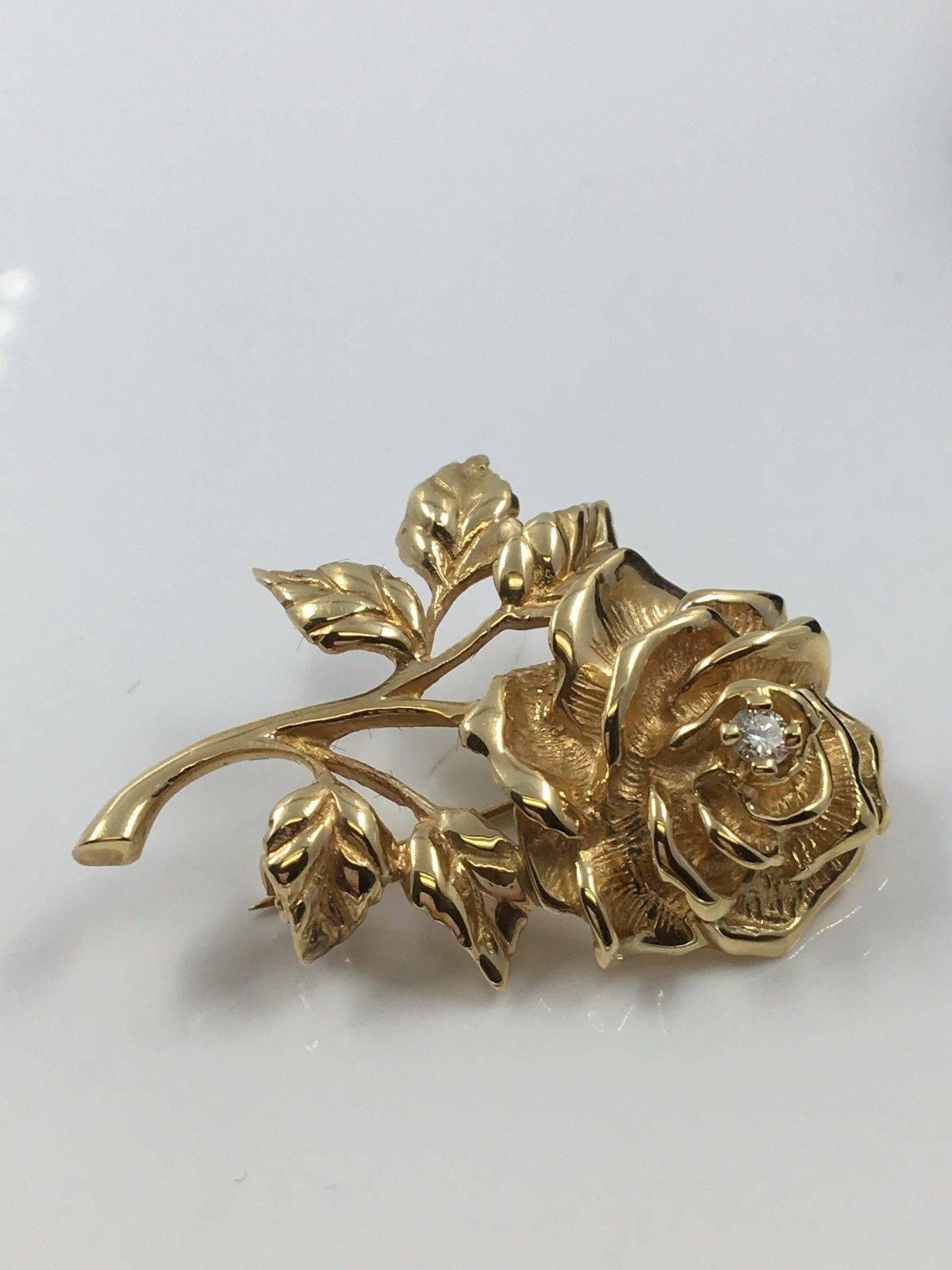 Tiffany & Co. 14k Yellow Gold Round Cut Diamond Rose Flower Brooch Pin w/ box 3