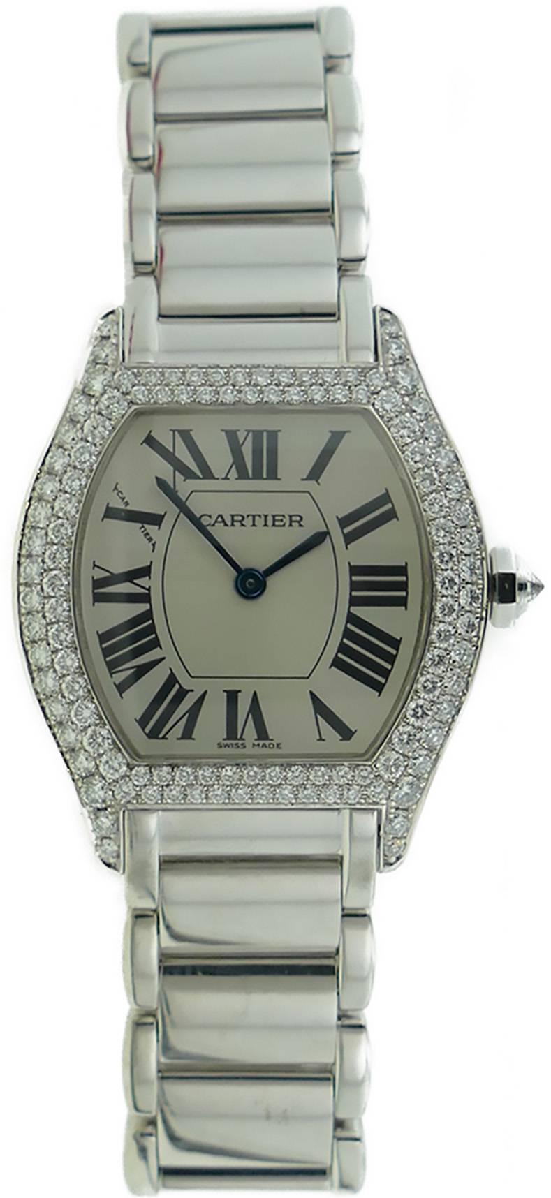 Ladies Cartier Tortue 18k White Gold Diamond Watch on a Bracelet In Excellent Condition In Miami, FL