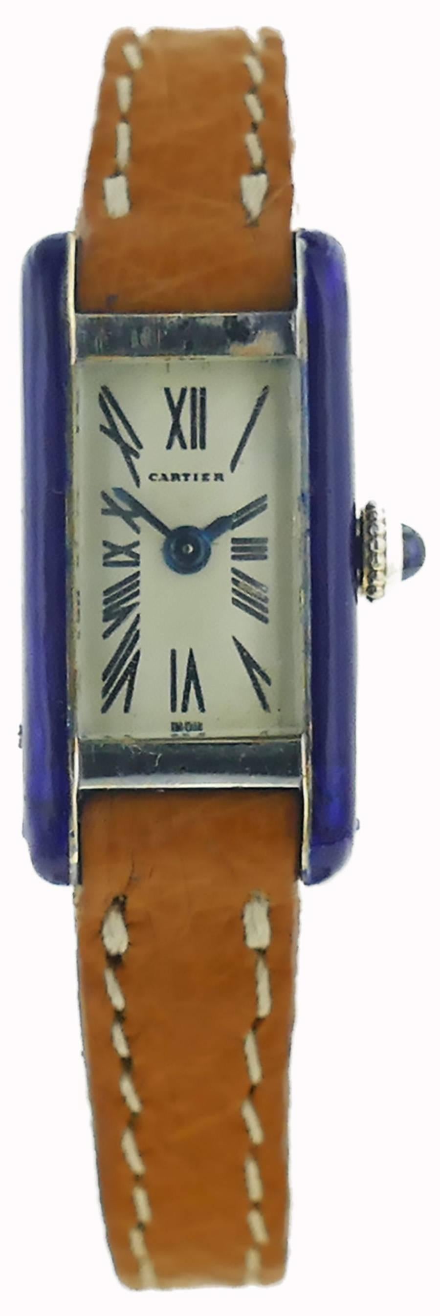 Offered For Sale is a Very Rare & Sought After Vintage 1960s Ladies Cartier Tank Allongee Mini 18k White / Yellow Gold Watch W/ Enamel Bezel. The Watch's Movement is Hallmarked "Cartier". The Watch is on a Handmade Strap & Original