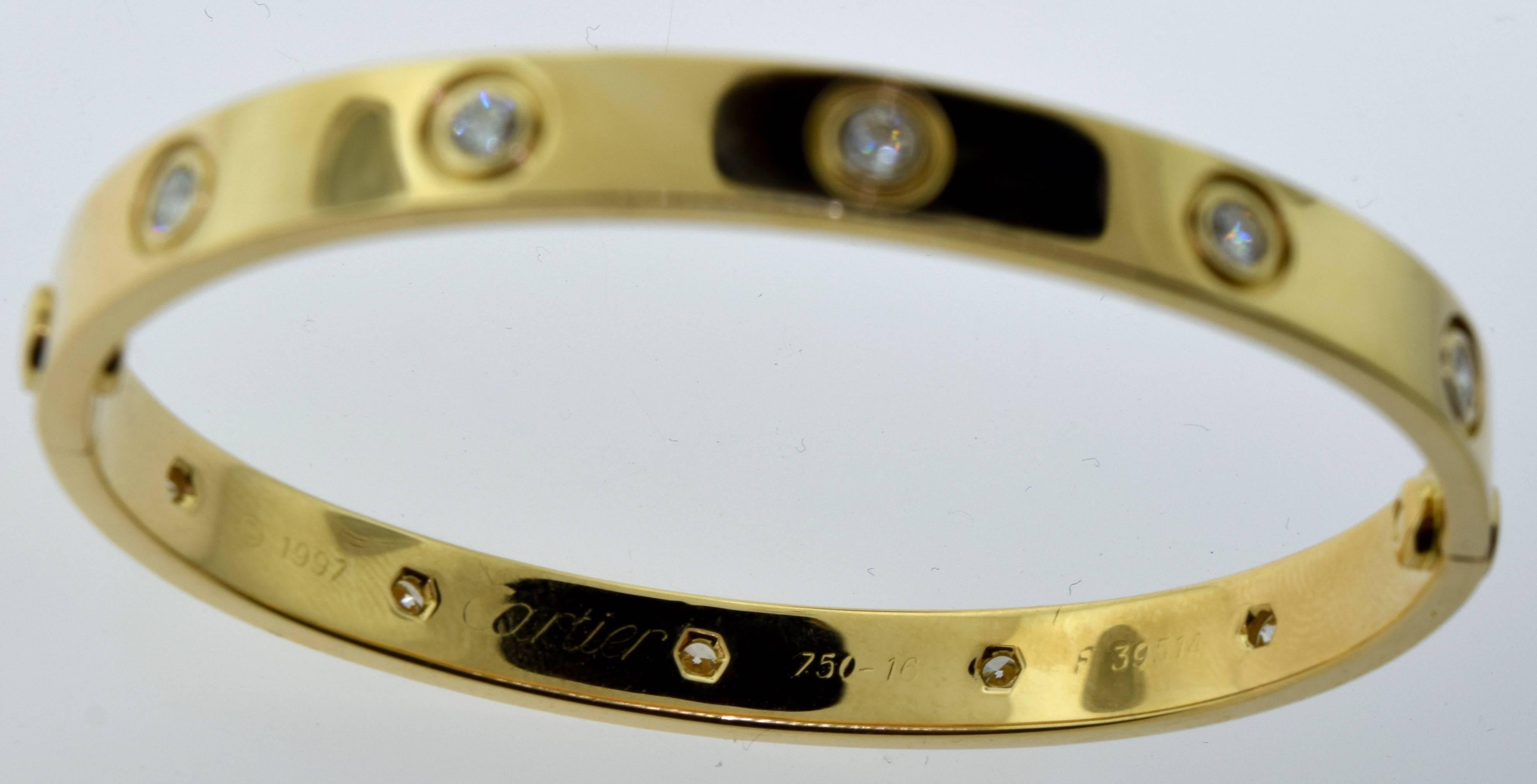 Cartier Yellow Gold Love Bracelet, 10 Diamonds, Size 16 In Excellent Condition For Sale In Miami, FL