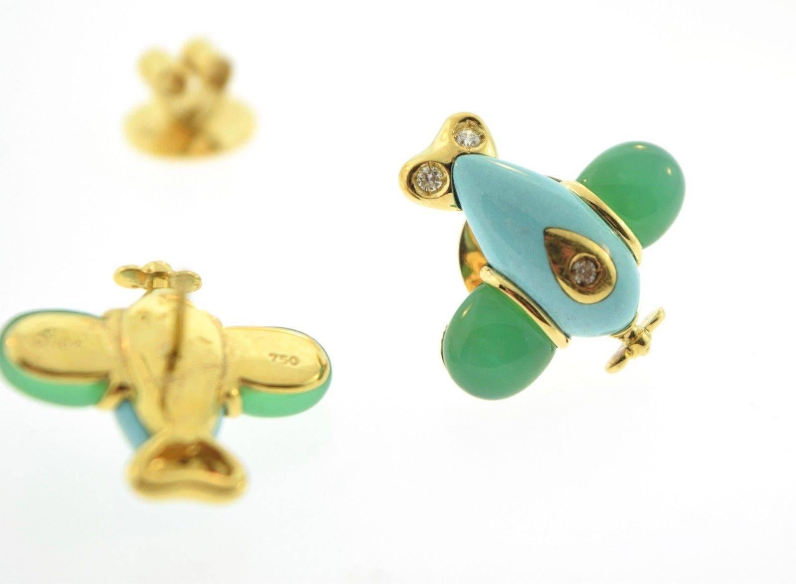 Turquoise and Chrysoprase Airplane Earrings with Diamonds, 18 Karat Yellow Gold For Sale 1