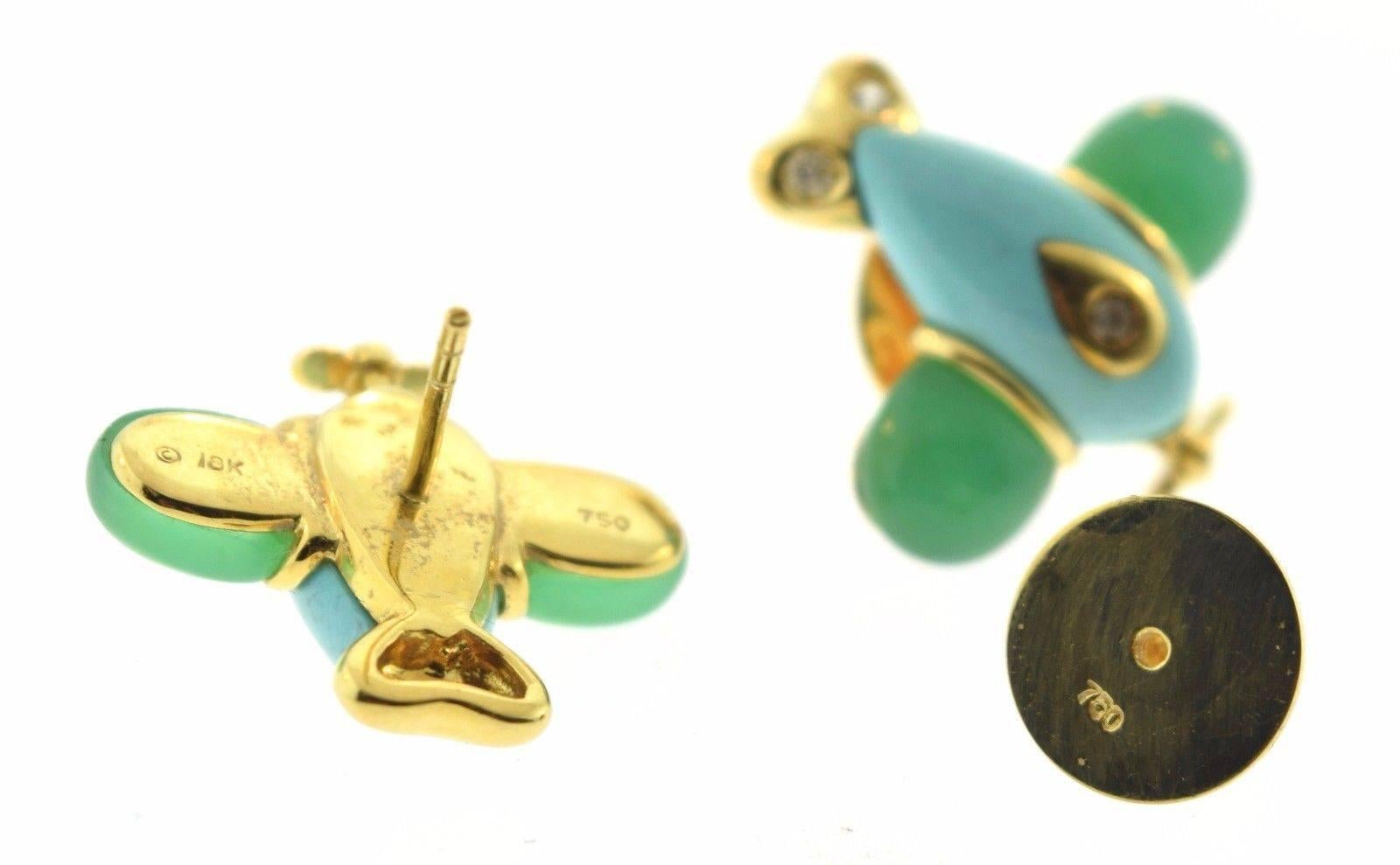 Turquoise and Chrysoprase Airplane Earrings with Diamonds, 18 Karat Yellow Gold For Sale 3