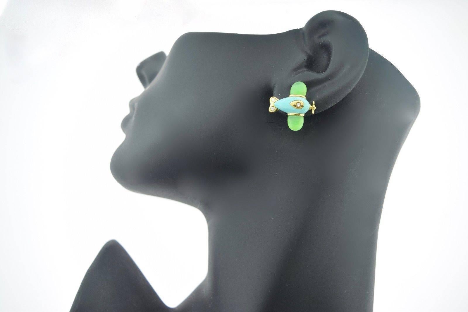 Turquoise and Chrysoprase Airplane Earrings with Diamonds, 18 Karat Yellow Gold For Sale 2