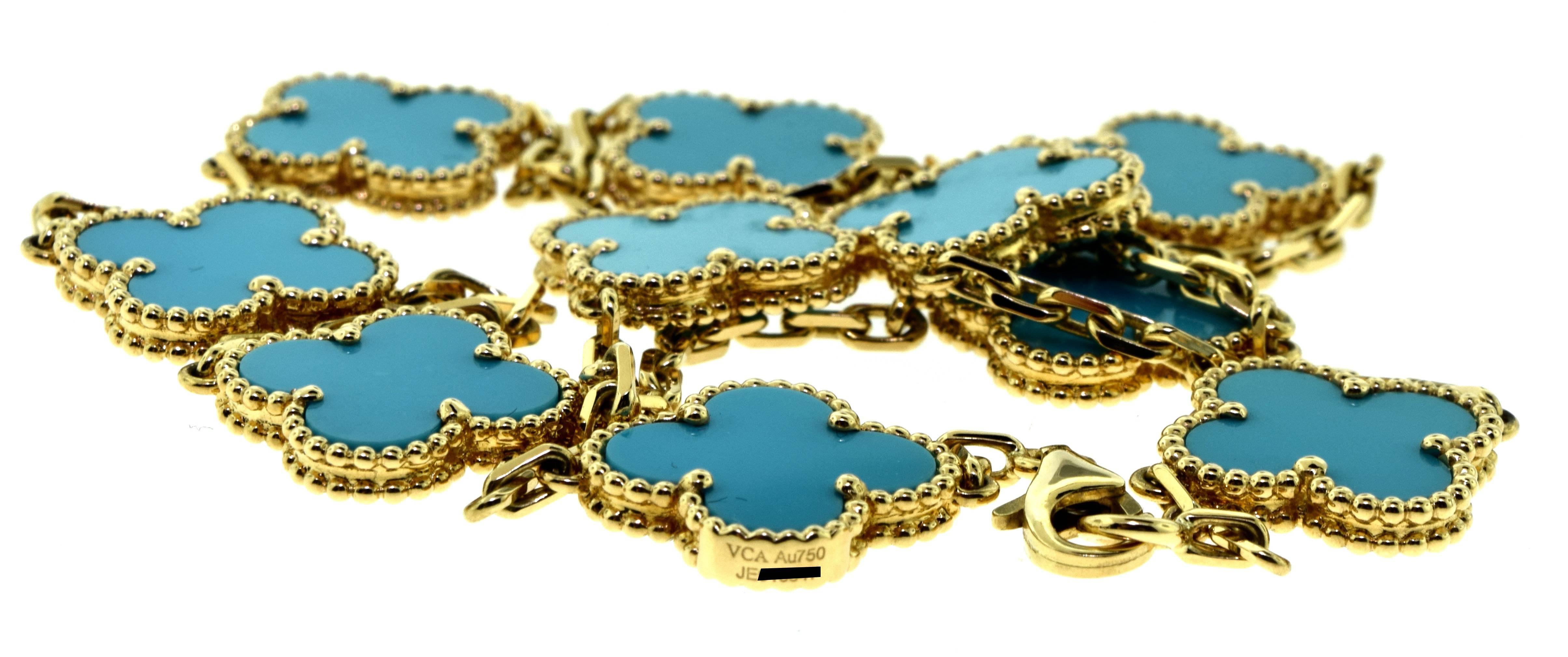 Van Cleef & Arpels Turquoise Vintage Alhambra Turquoise Ten Motif Necklace In Excellent Condition For Sale In Miami, FL