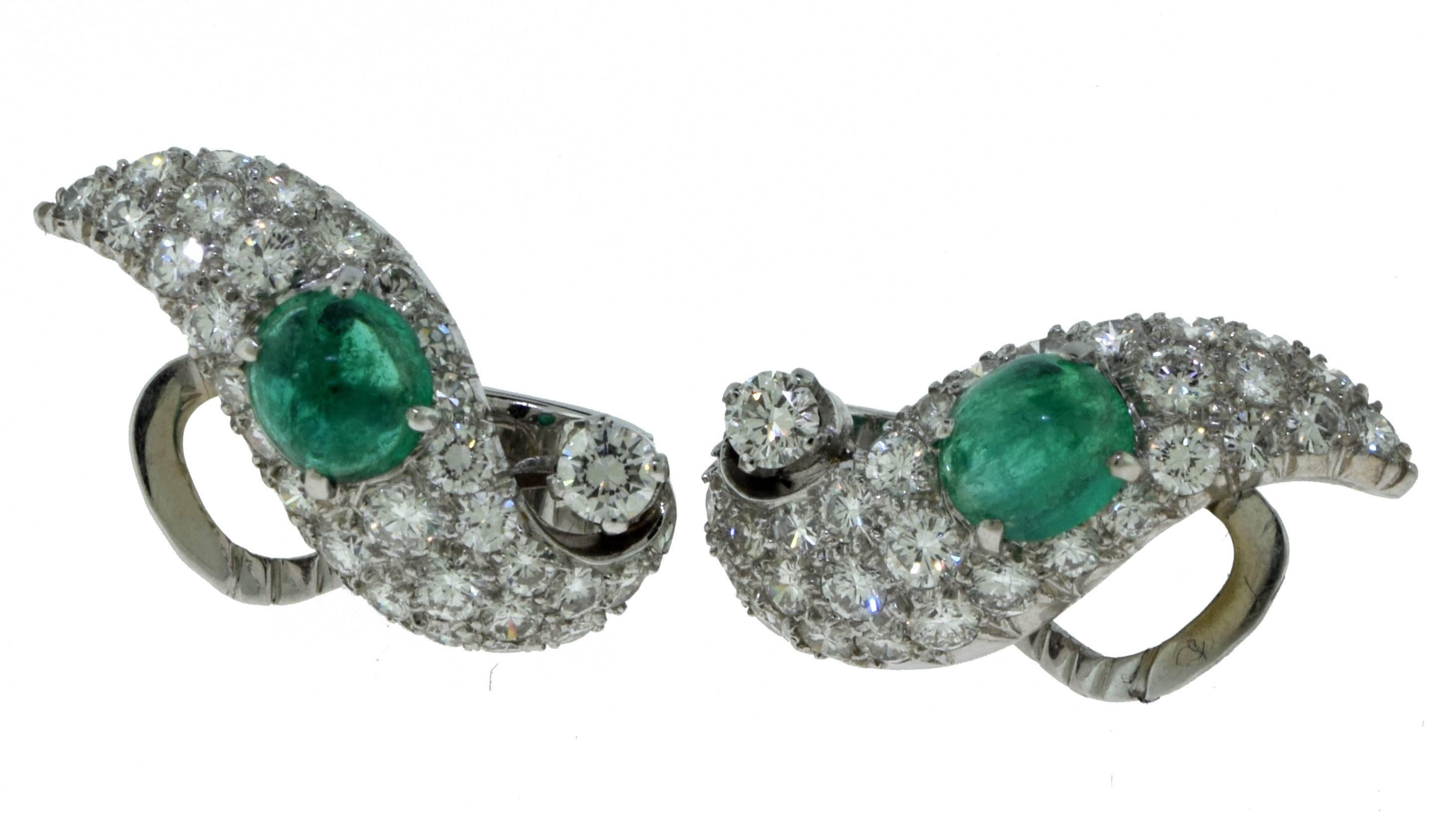Estate Cabochon Green Emerald Diamond Platinum Earrings In Excellent Condition For Sale In Miami, FL