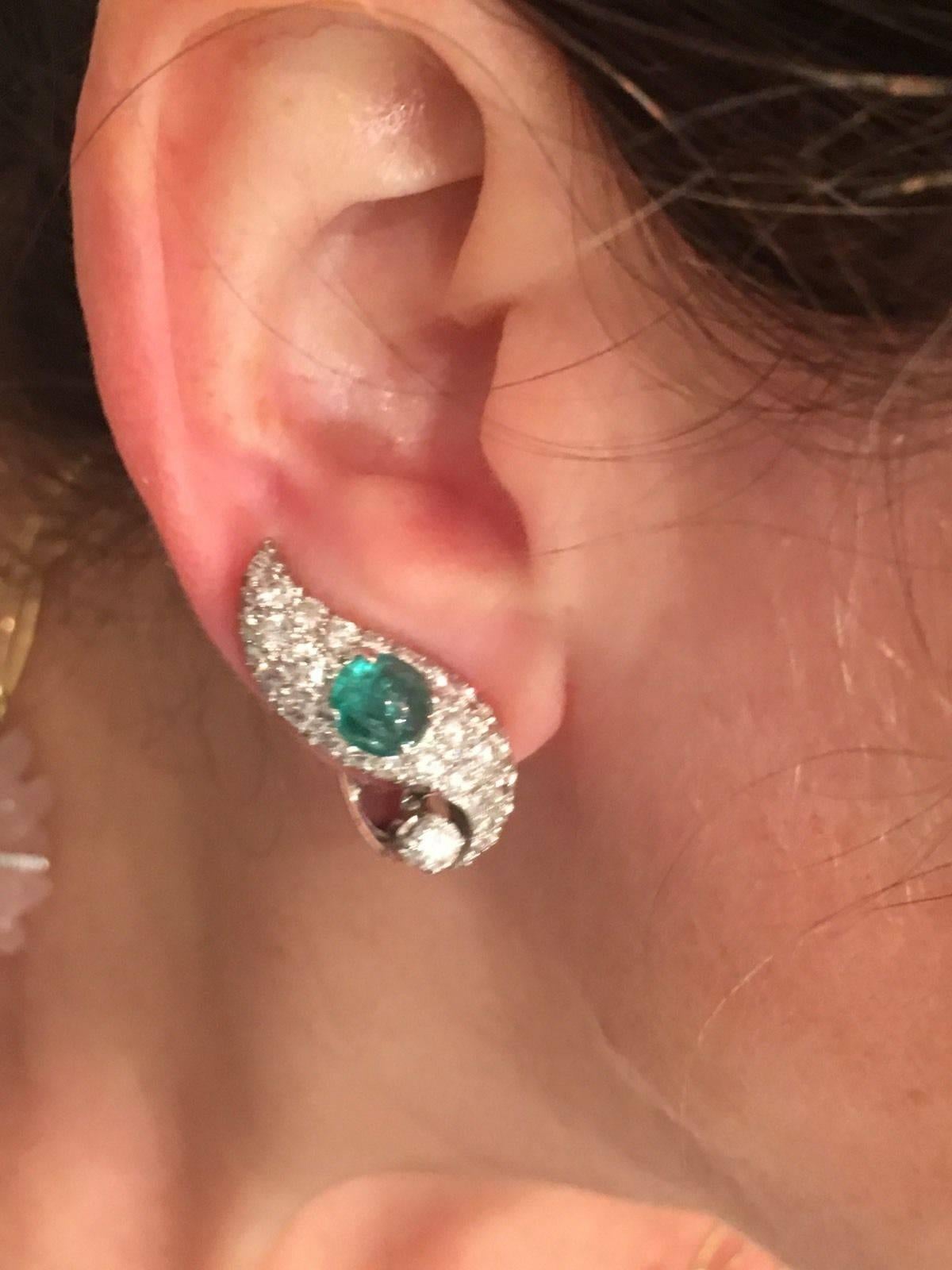 Estate Cabochon Green Emerald Diamond Platinum Earrings For Sale 1