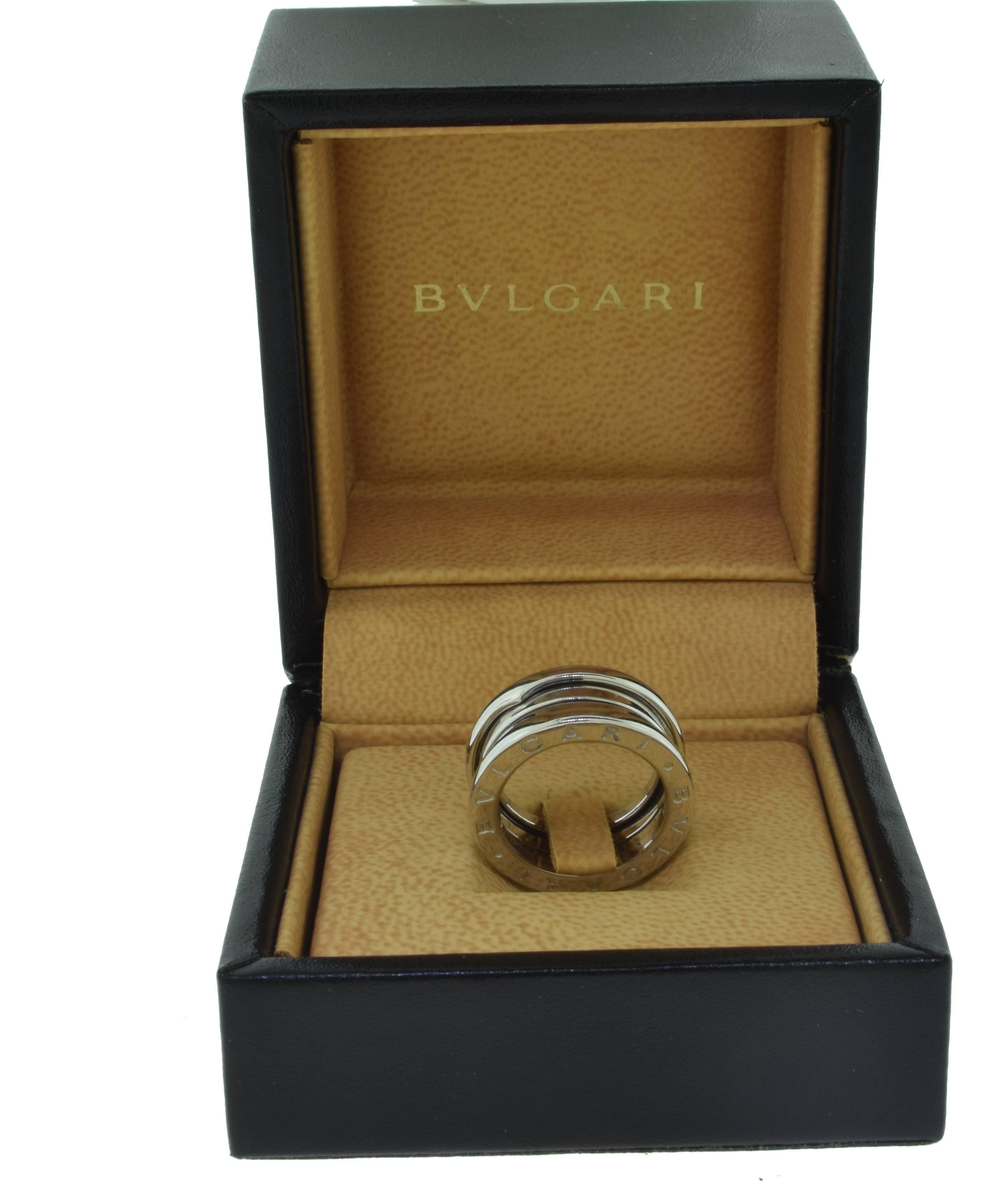 From BVLGARI's gorgeous B.zero1 Collection:

Ring Size: 48 (euro) ; 4.25 - 4.5 (US)
Type: 2 Band Ring

Metal: 18k White Gold
Total Item Weight (g): 8.8
Hallmark: Made In Italy 48 BVLGARI 750
Collateral: Manufacturer's Box

About the Collection: