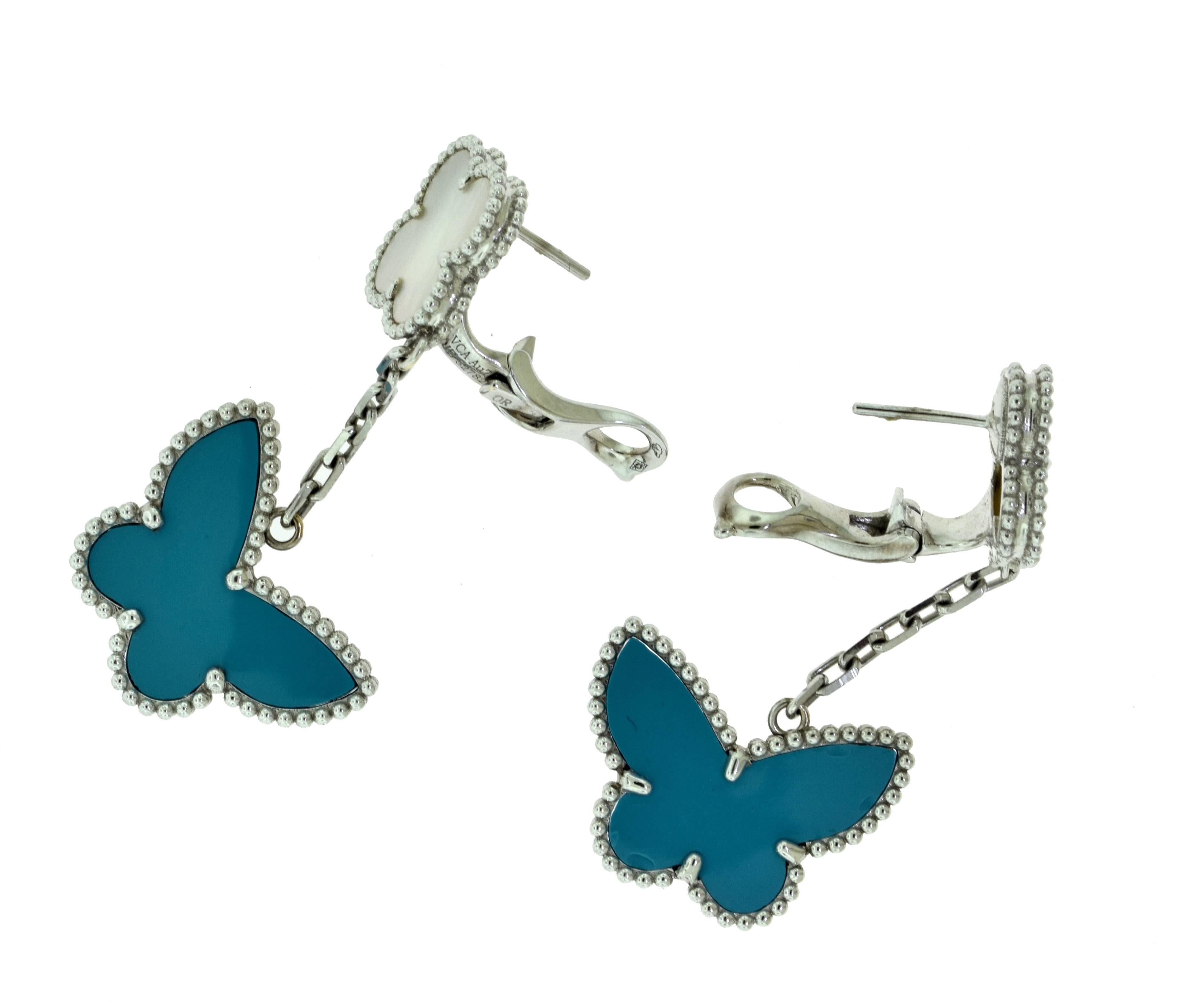 Designer: Van Cleef & Arpels
Collection: Lucky Alhambra
Metal: White Gold
Metal Purity: 18k
Stones: Turquoise ; Mother of Pearl
Earring Length: 1.8 inches
Butterfly Motif Length: 1.5 inches
Clover Motif Length: 0.5 inches
Total Item Weight (g):