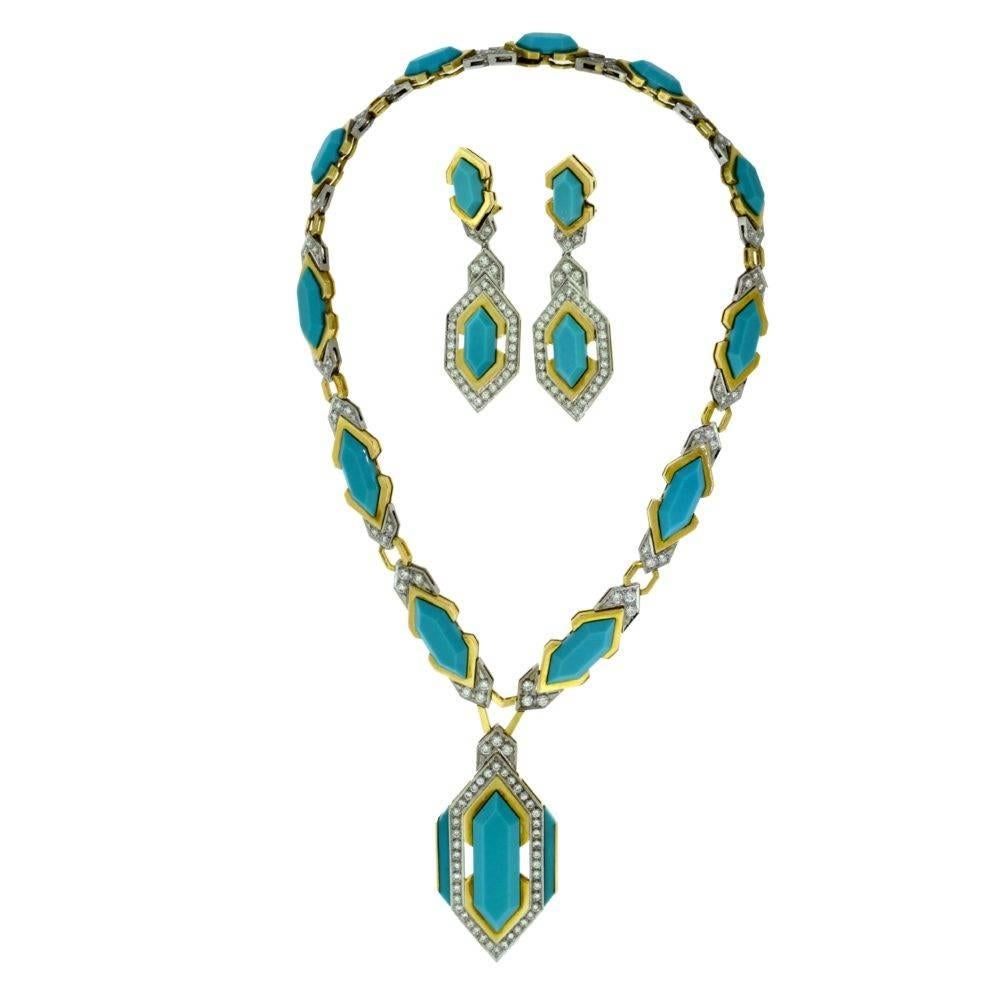 Boucheron Pressed Turquoise and Diamond Earrings and Necklace Two-Piece Set For Sale