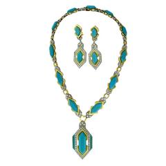 Boucheron Pressed Turquoise and Diamond Earrings and Necklace Two-Piece Set