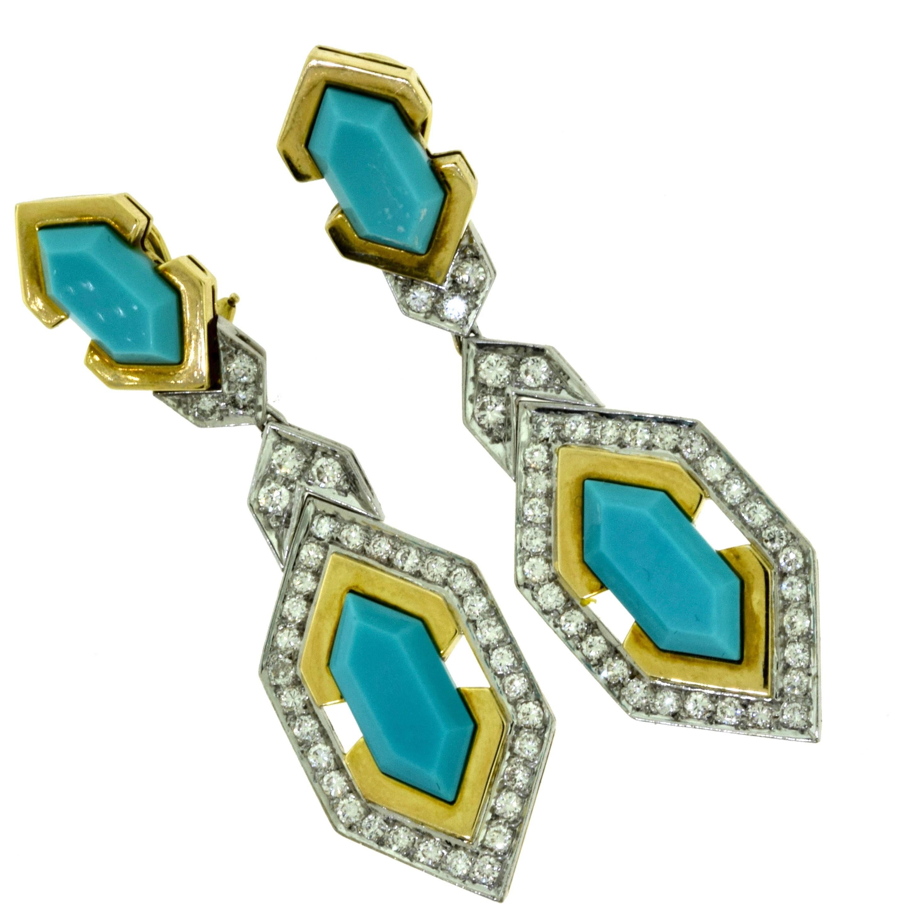 Boucheron Pressed Turquoise and Diamond Earrings and Necklace Two-Piece Set For Sale 2