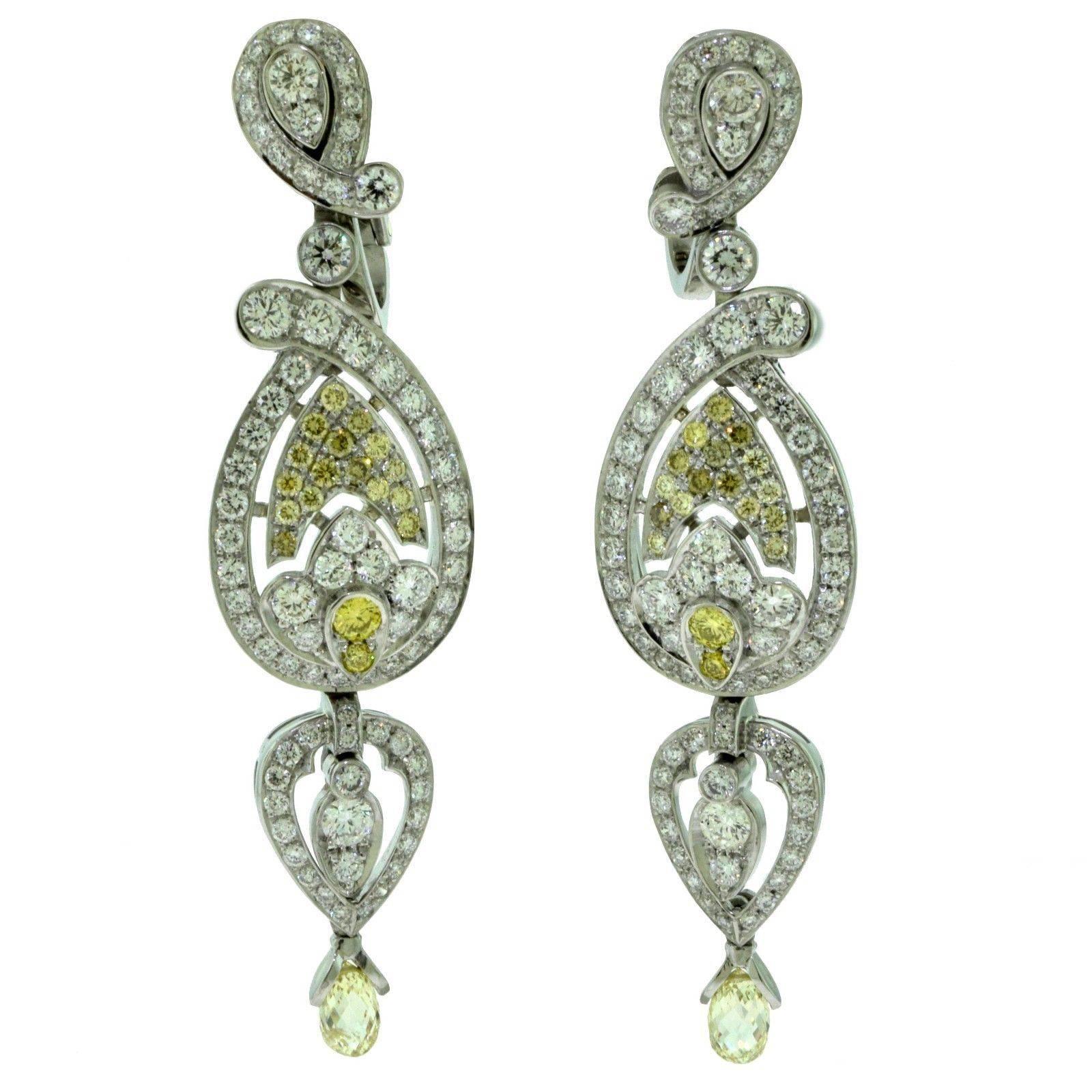 Cartier White and Yellow Diamond Drop Earrings in Platinum For Sale