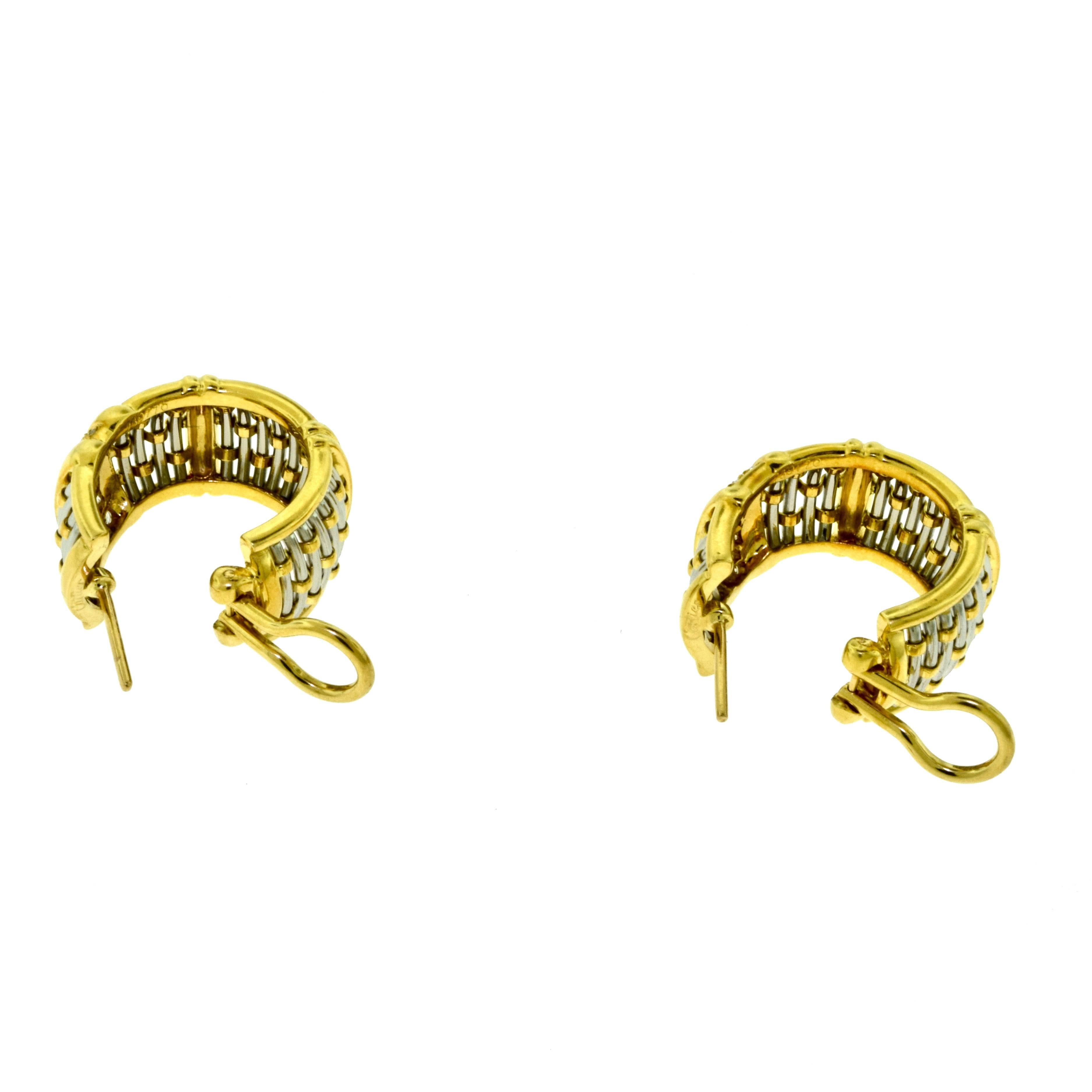Cartier Yellow Gold and Steel Basket Weave Clip on Earrings with Diamonds For Sale 1