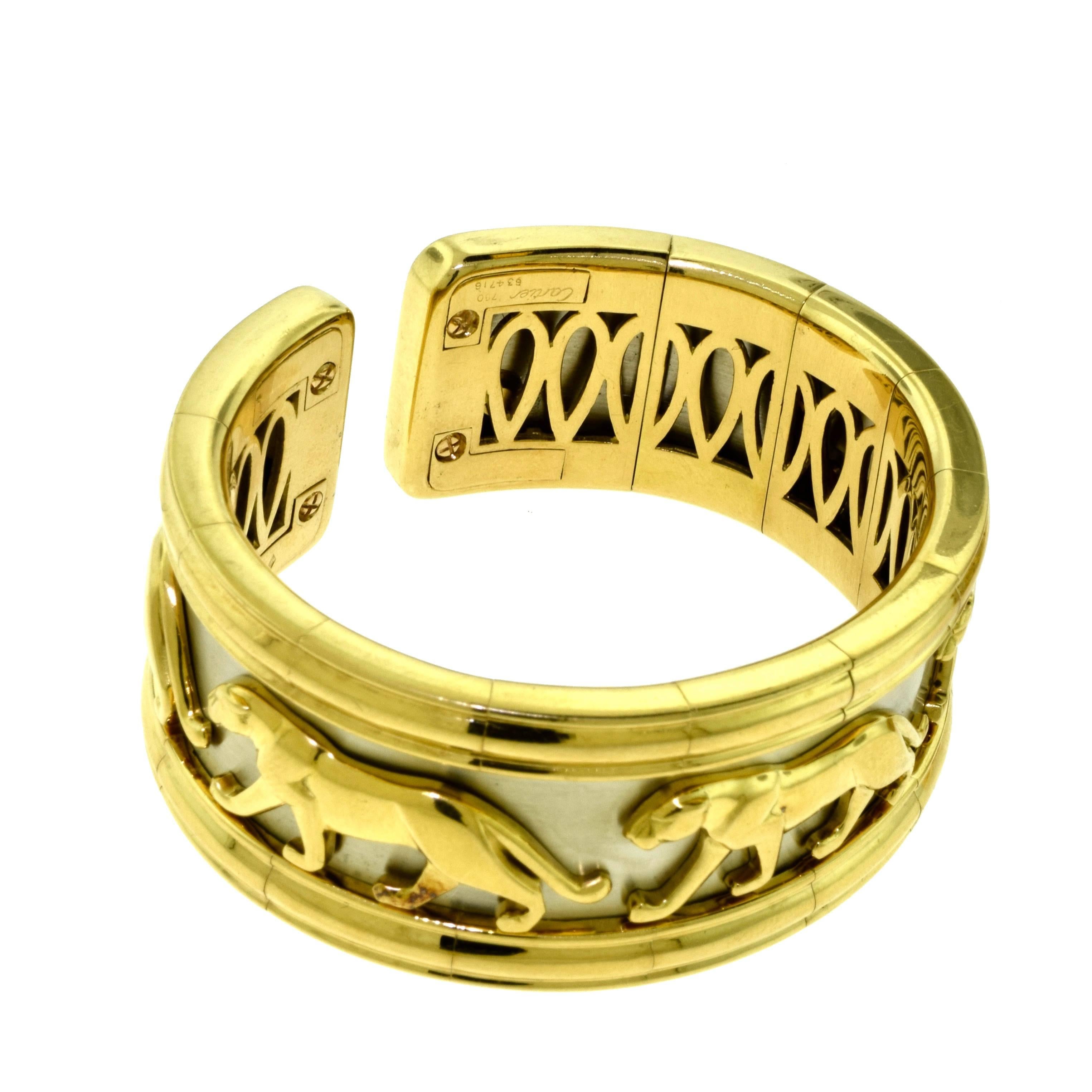 Women's or Men's Cartier White and Yellow Gold Walking Panther Two-Piece Large Wide Cuff Set For Sale