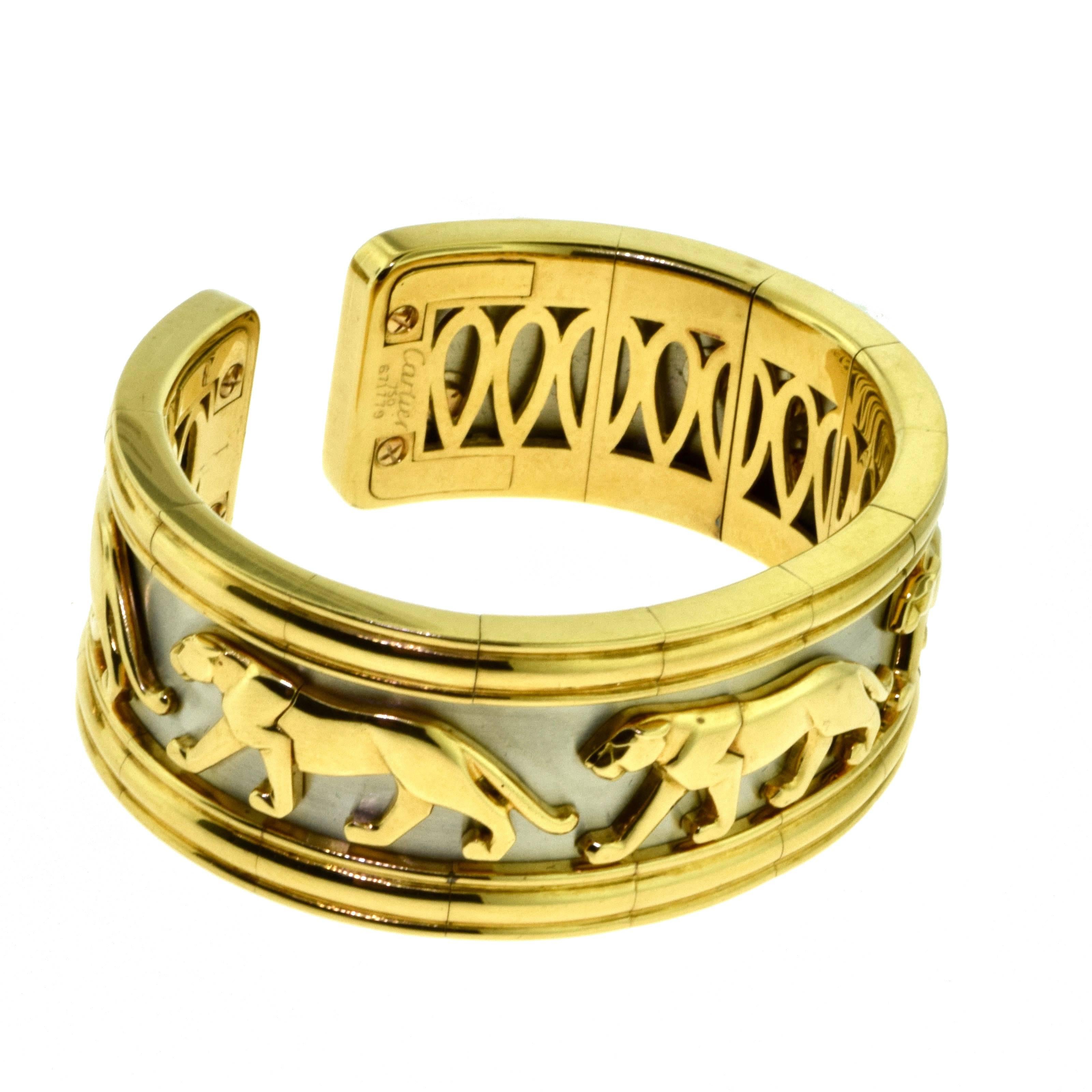 Cartier White and Yellow Gold Walking Panther Two-Piece Large Wide Cuff Set For Sale 1