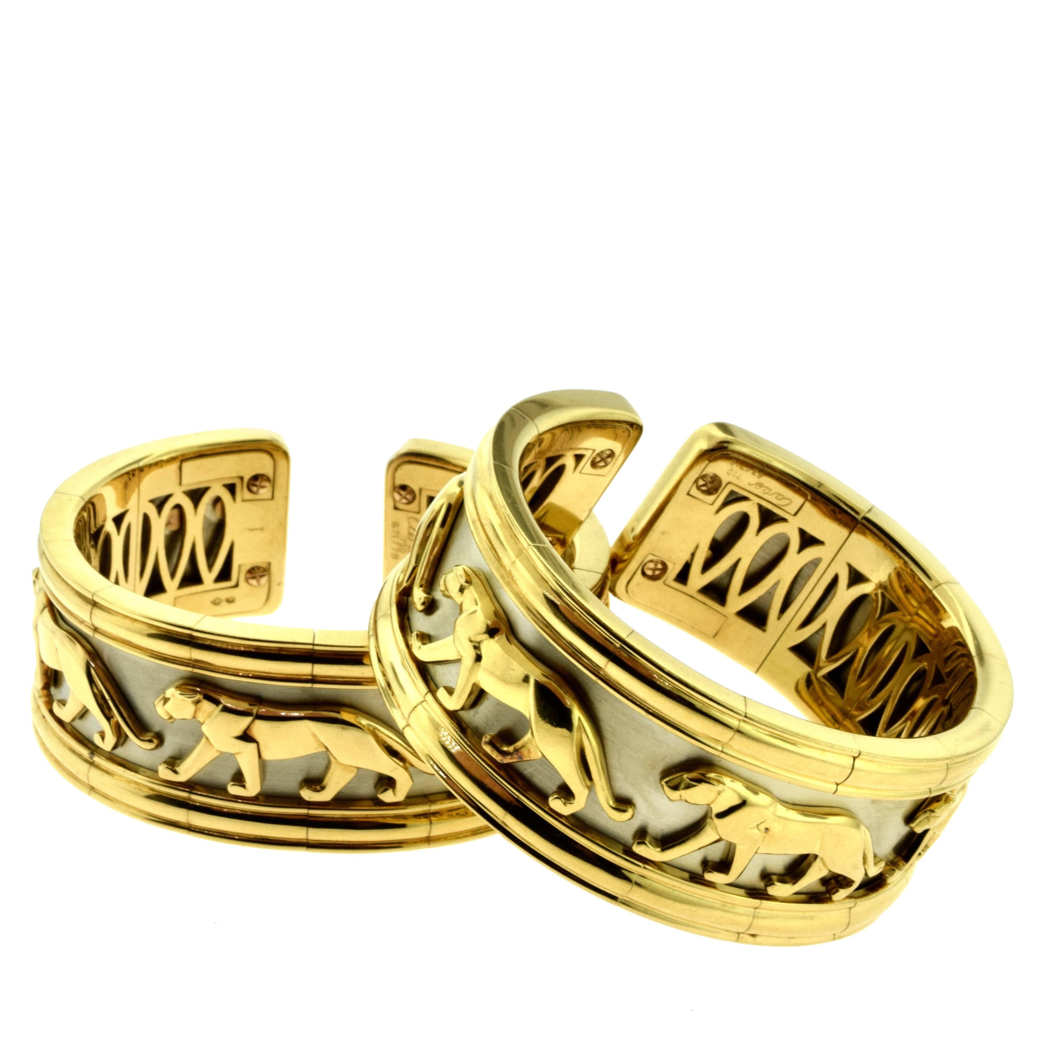 Cartier White and Yellow Gold Walking Panther Two-Piece Large Wide Cuff Set For Sale