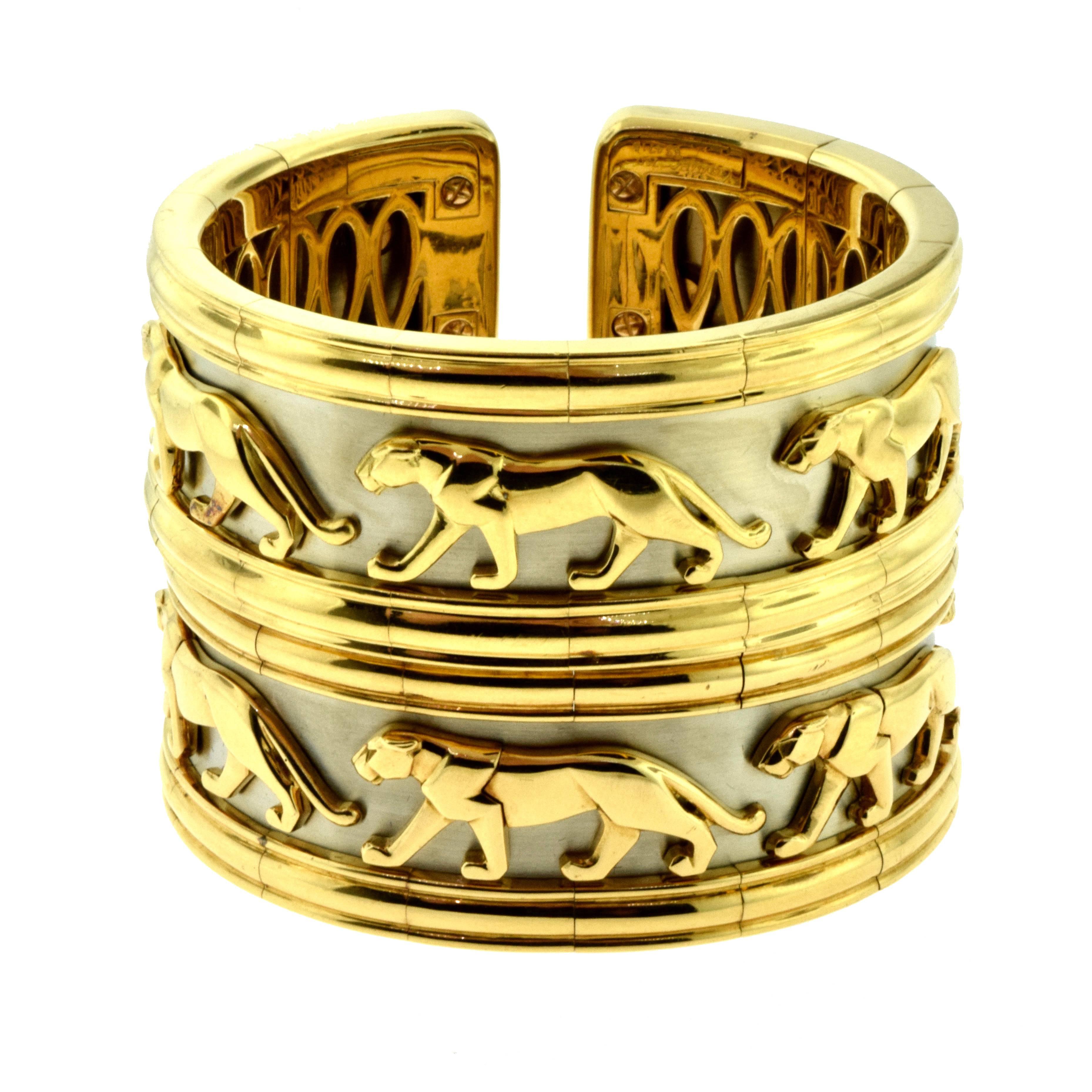 Designer: Cartier
Collection: Pharaon
Metal: 18k White Gold, 18k Yellow Gold
Bracelet Size: Flexible - will fit anywhere from a small to a large wrist size
Total Item Weight (g): 221.3 (both bracelets together)

Instantly recognizable Cartier, given