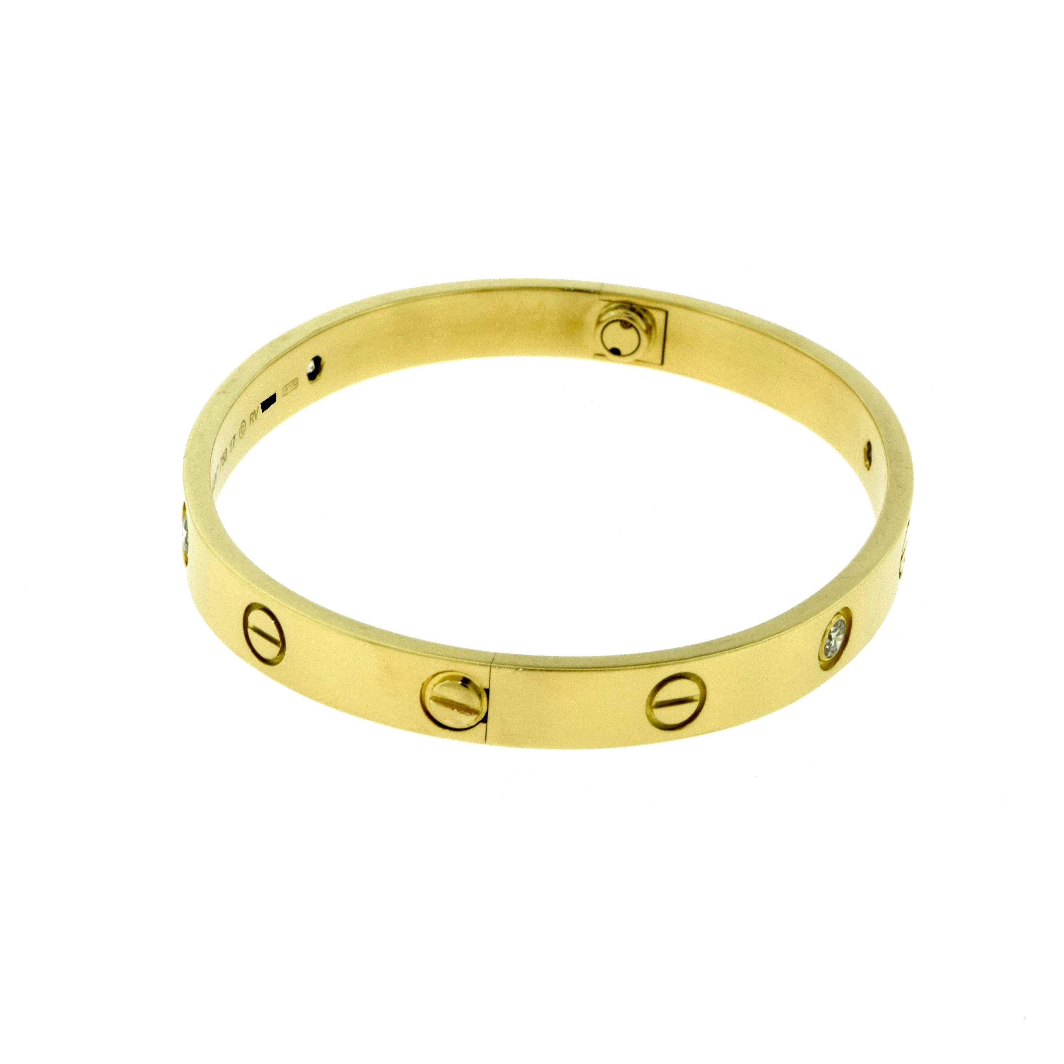 Cartier Love Bracelet in 18 Karat Yellow Gold, Four Diamonds In Excellent Condition For Sale In Miami, FL