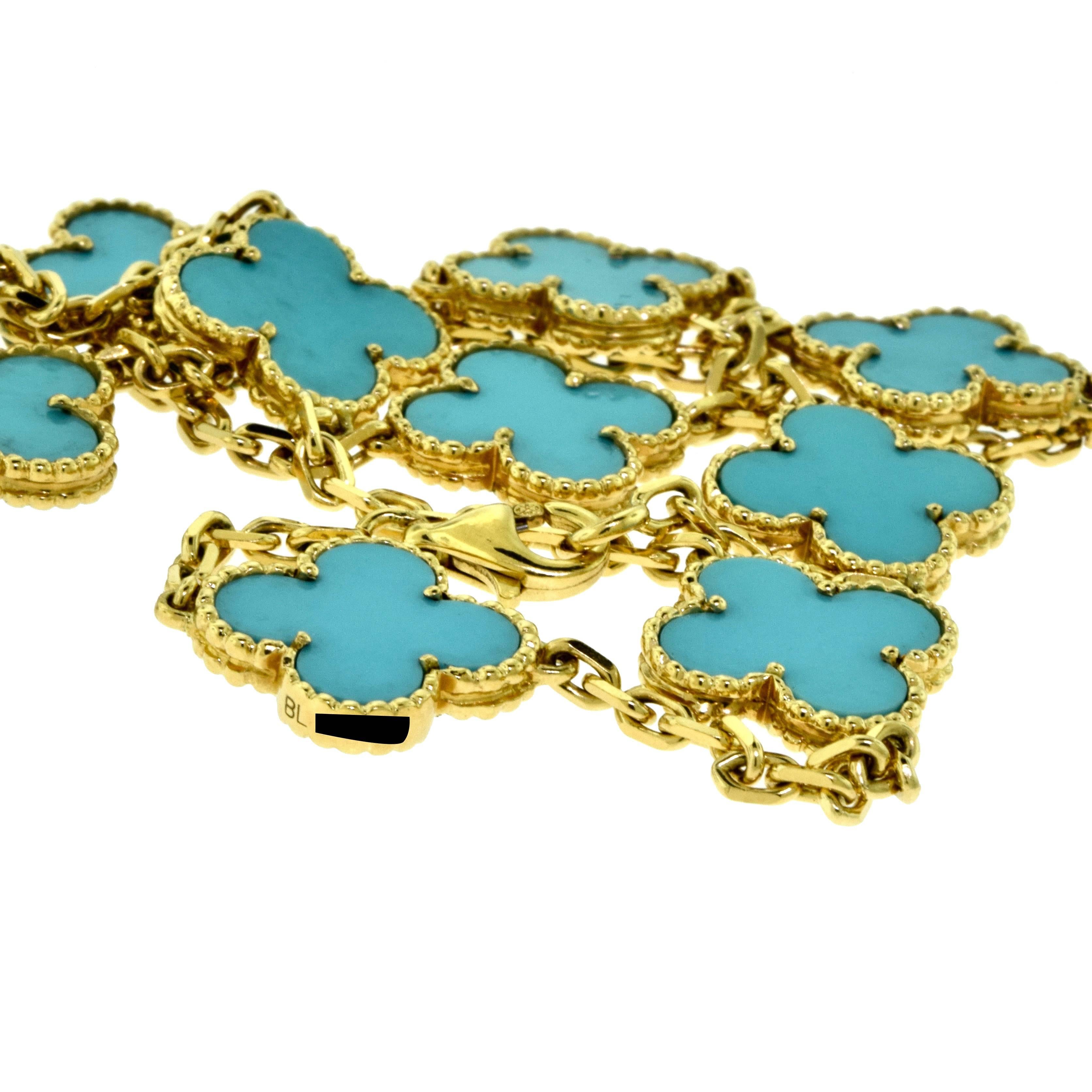 Van Cleef & Arpels Turquoise Vintage Alhambra Ten Motif Yellow Gold Necklace In Excellent Condition For Sale In Miami, FL