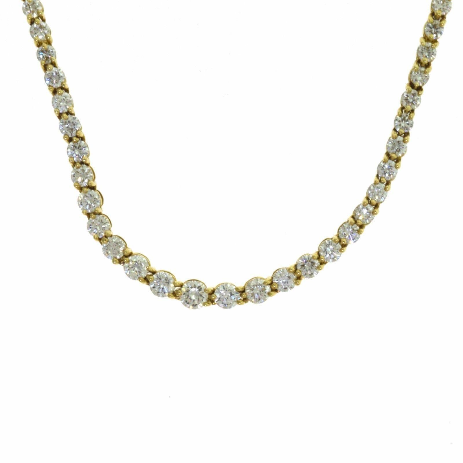 Beautifully crafted, this impressive diamond tennis necklace features gorgeous round brilliant cut diamonds weighing a total of 6 carats.

Item Specifications:
Style: Diamond Tennis Necklace 
Metal: Yellow Gold
Metal Purity: 18k
Stones: Round