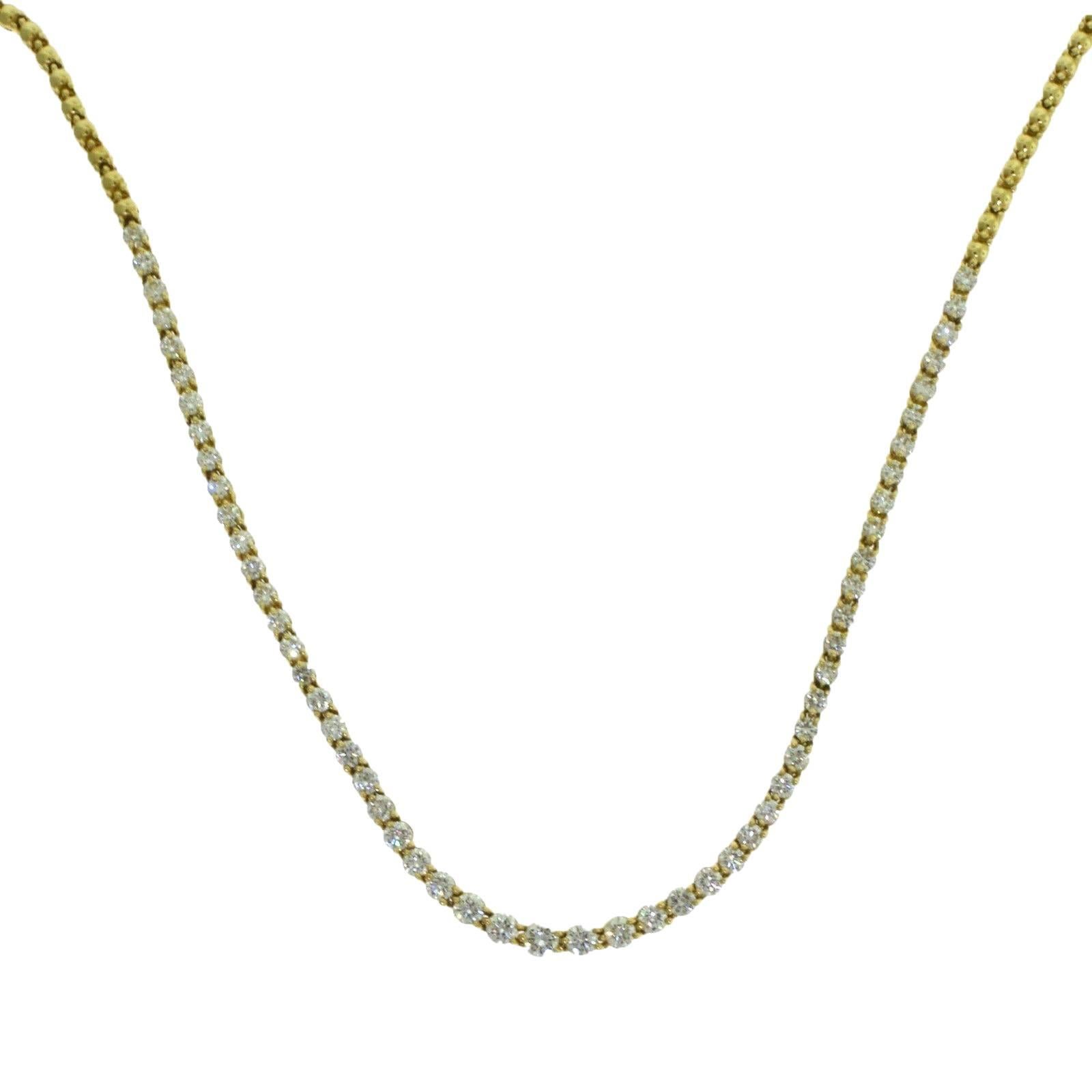 Variation Round Brilliant Cut Diamond Tennis Necklace, 18 Karat Gold, 6 Carat For Sale