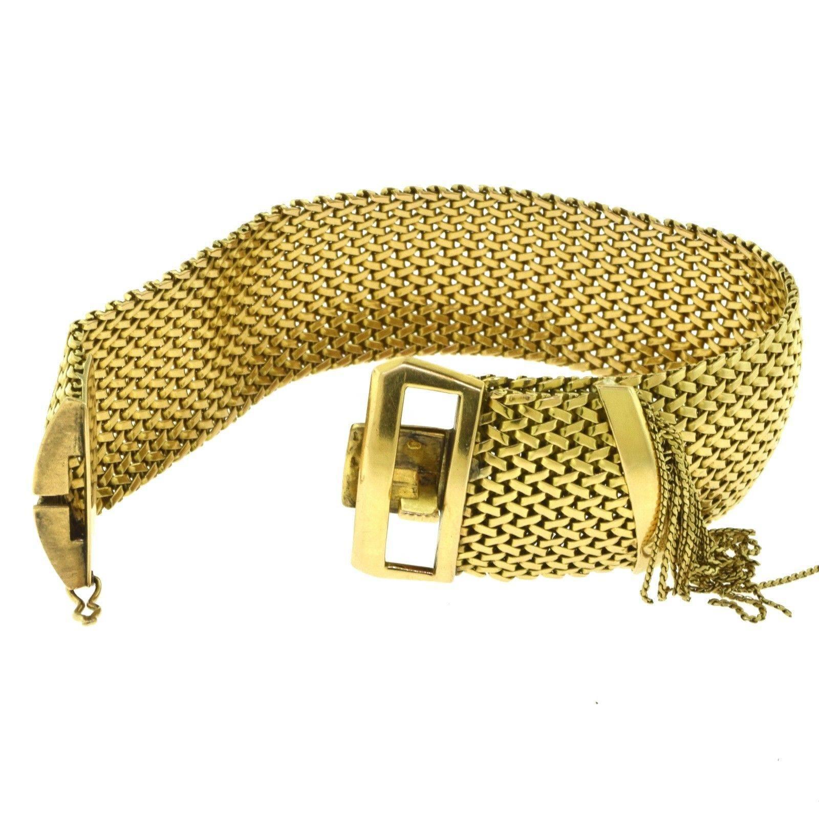 Women's Estate 18 Karat Yellow Gold Mesh Bracelet with Fringe Buckle Clasp For Sale