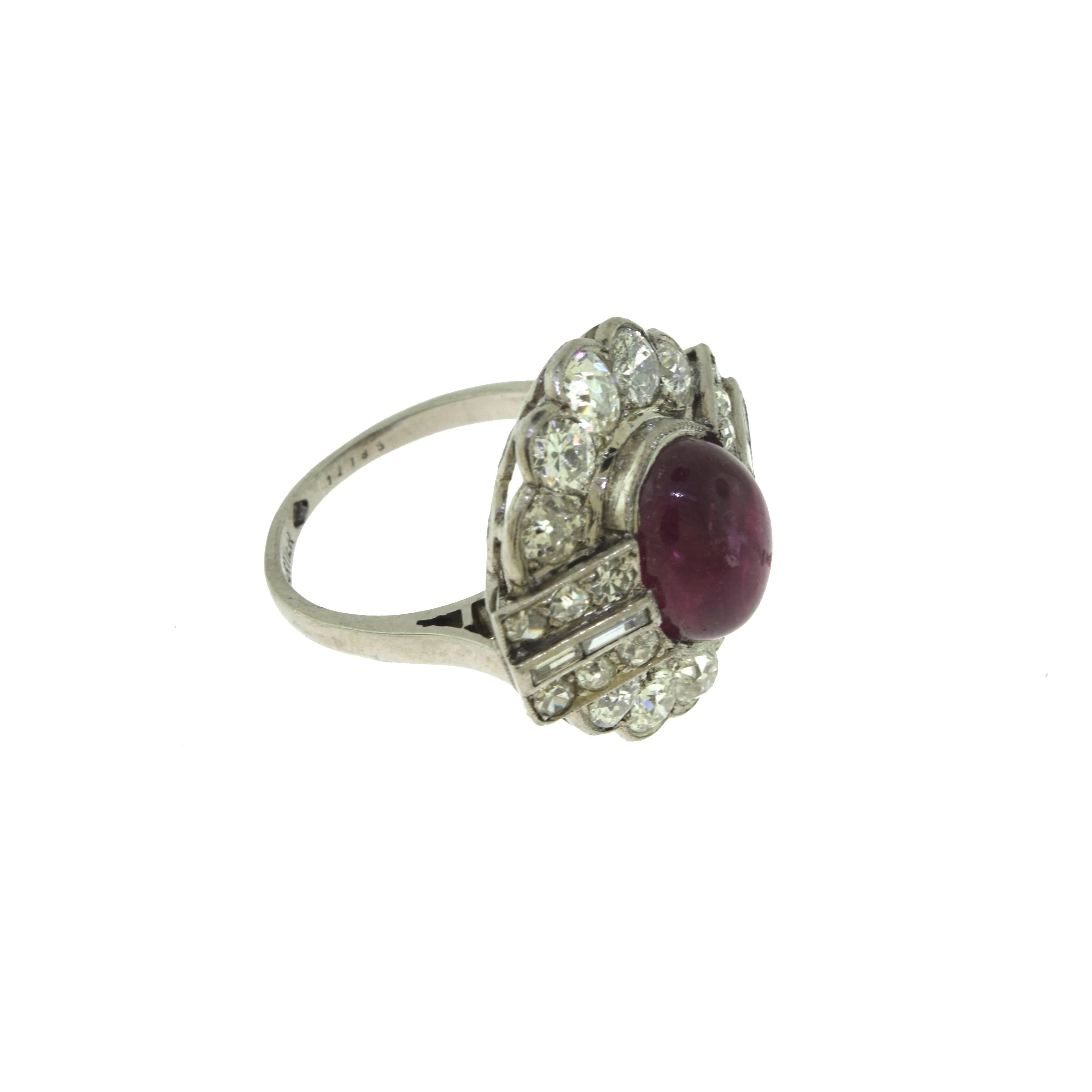 1930s Antique Cartier Platinum 3 ct Ruby and 3.2 ct Diamond Cocktail Ring In Excellent Condition For Sale In Miami, FL