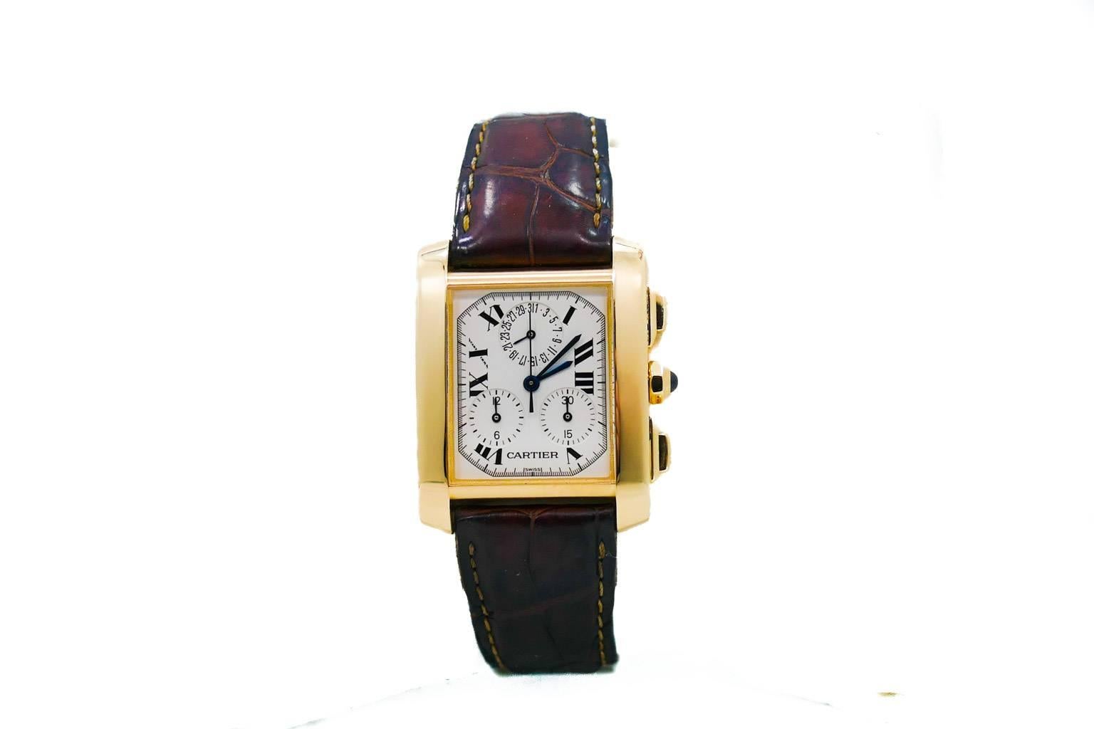 Mens Cartier Tank Francaise Chronograph in 18k Yellow Gold. The Watch is on a Worn Strap & 18k Buckle. The Watch was Just Polished and is in Great Condition and Working Excellently. No Box or Papers. The Watch is Guaranteed 100% Authentic Cartier.