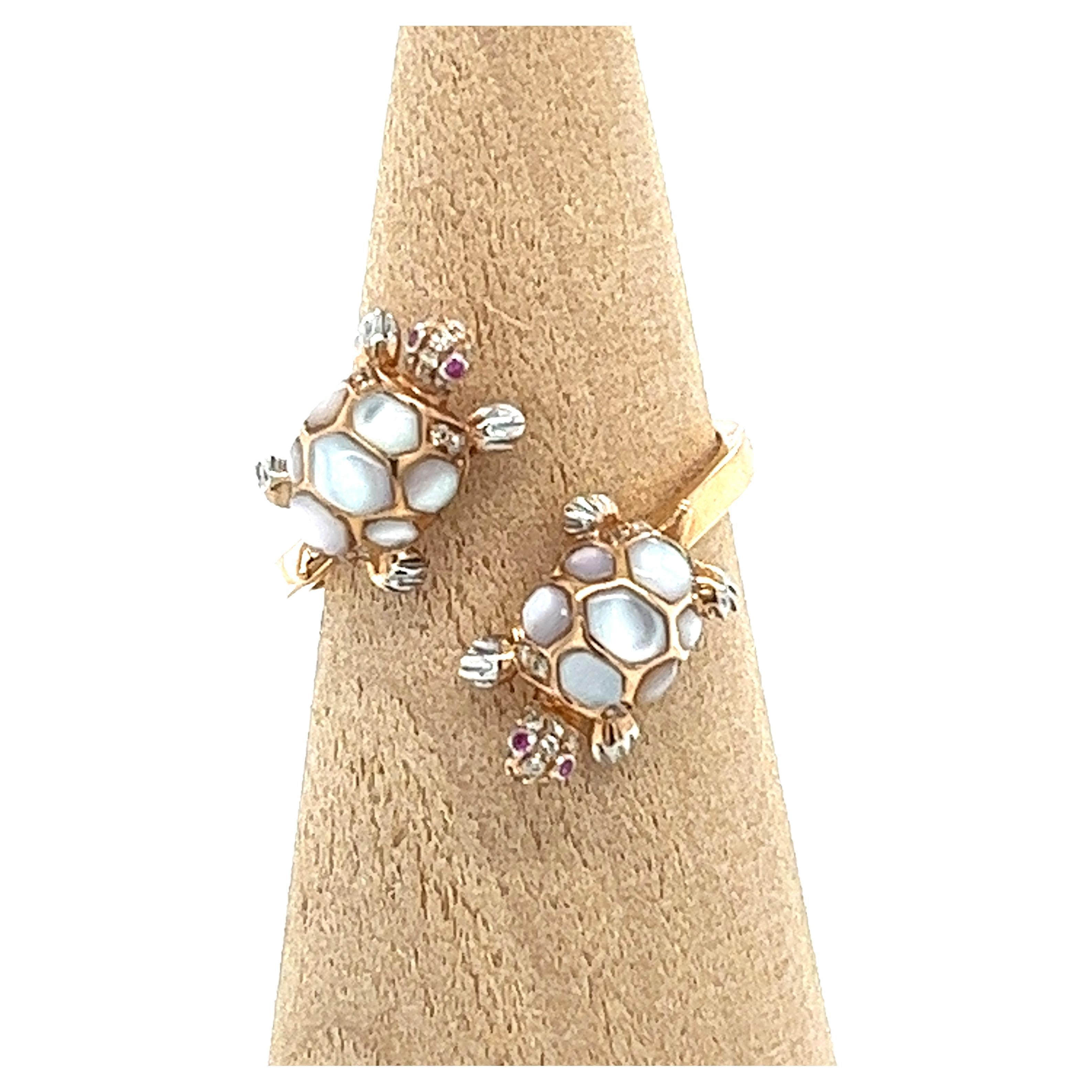 18K Rose Gold White Shell & Fancy Diamond Tortoise Ring For Sale