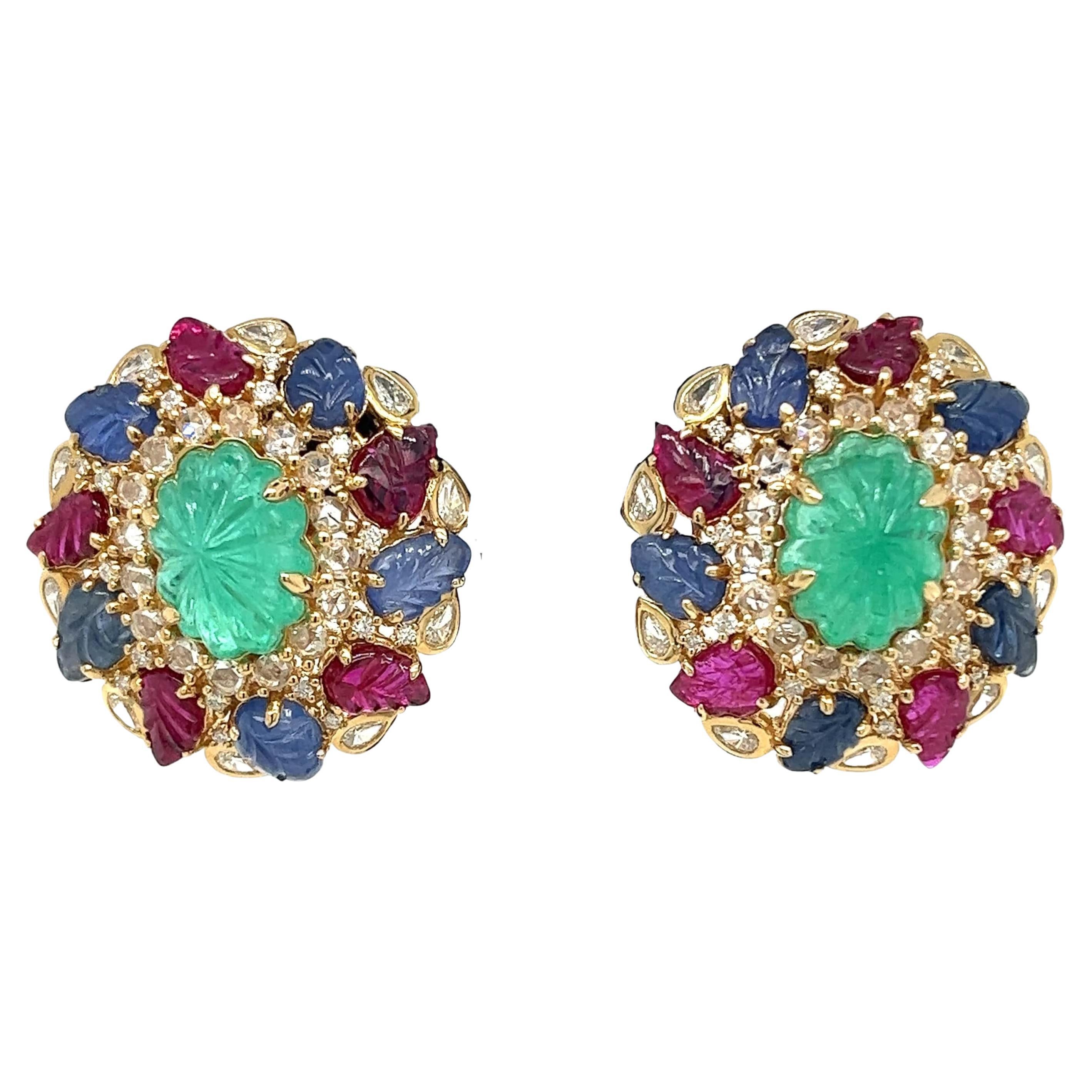 Boucles d'oreilles d'origine colombienne en or 18 carats, rubis, émeraudes et saphirs avec diamants