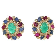 18K Gold Colombian Origin Rubies & Emeralds & Sapphires Earrings with Diamonds