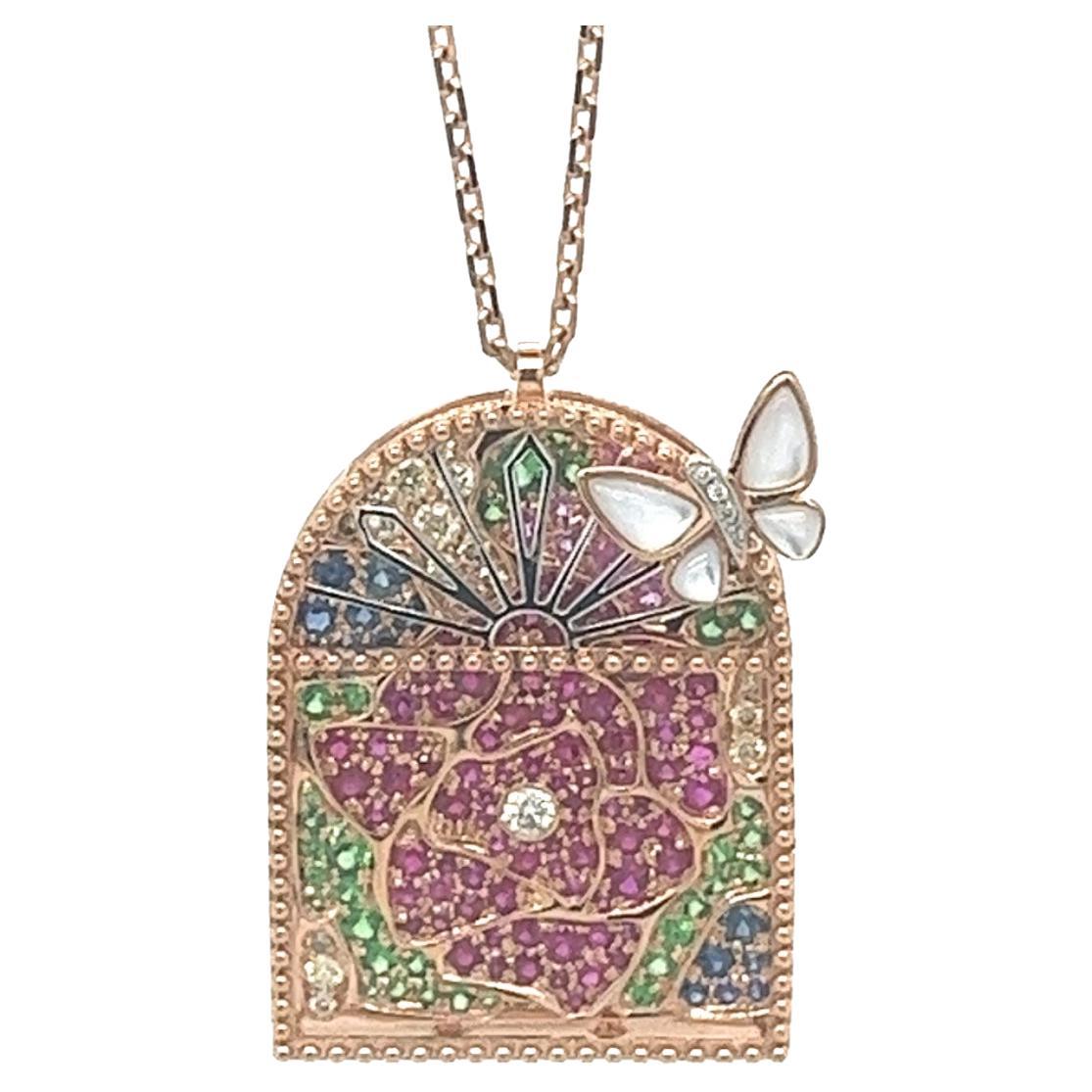 Collier en or rose 18K avec papillon et saphir de jardin