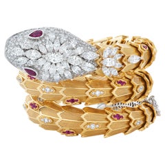 Bulgari Double Coil Diamond & Ruby Serpenti Snake Bracelet in 18ky & 18kw Gold