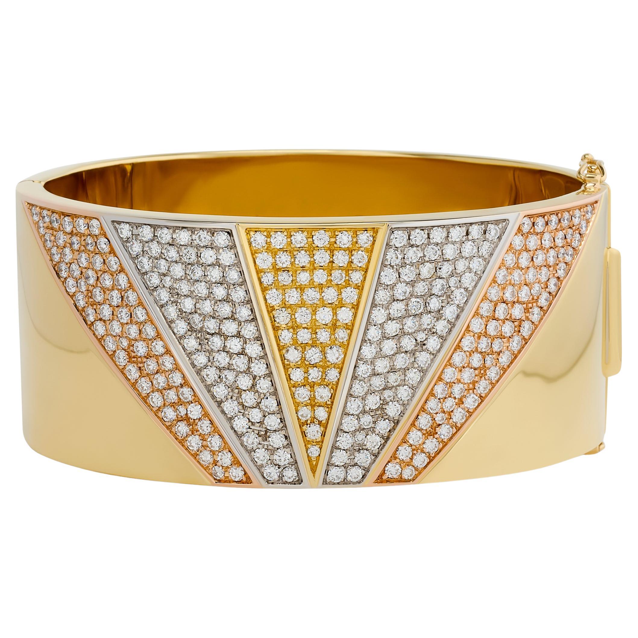Adriano Chimento 18K Tri-Gold Diamond Wide Bangle Bracelet For Sale