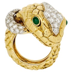David Webb 18K Yellow Gold/Platinum Diamond and Emerald Snake Ring
