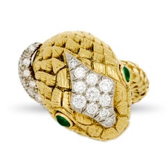 David Webb 18K Yellow Gold/Platinum Diamond and Emerald Snake Ring