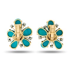 David Webb 18KYG/Plat Turquoise and Diamond Floral Earrings