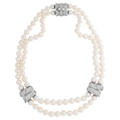 Van Cleef and Arpels 2 Row or Long Pearl and Diamond Station Necklace