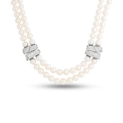 Van Cleef and Arpels 2 Row or Long Pearl and Diamond Station Necklace