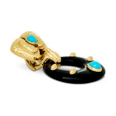 David Webb 18K Yellow Gold Turquoise and Round Black Onyx Clip-on Earrings
