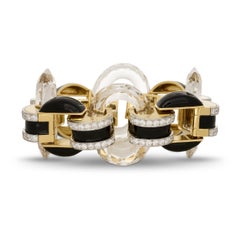 David Webb 18KYG/Plat Rock Crystal, Black Enamel, Diamond Tuxedo Bracelet