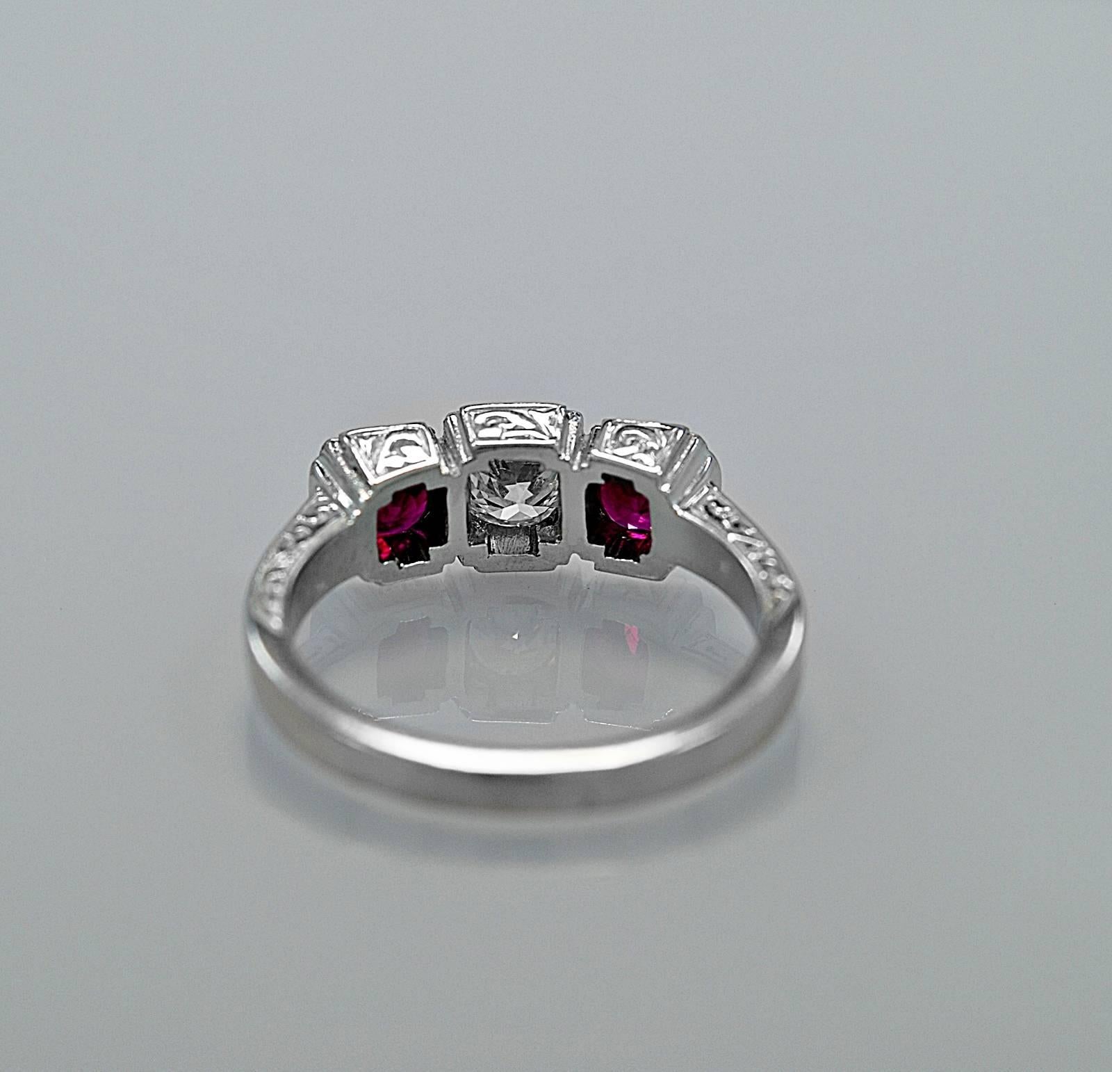 Art Deco .75 Carat No Heat Burmese Ruby Diamond Gold Engagement Fashion Ring In Excellent Condition In Tampa, FL